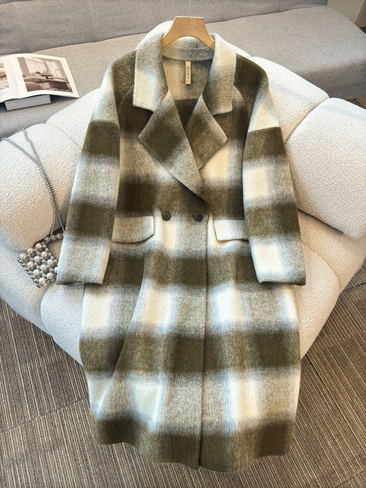 Vintage Checkered Coat - Winter Warm Fur-Lined Plush Lining, Brown & White Grid Pattern, Front with Pockets, Women's Winter Outerwear