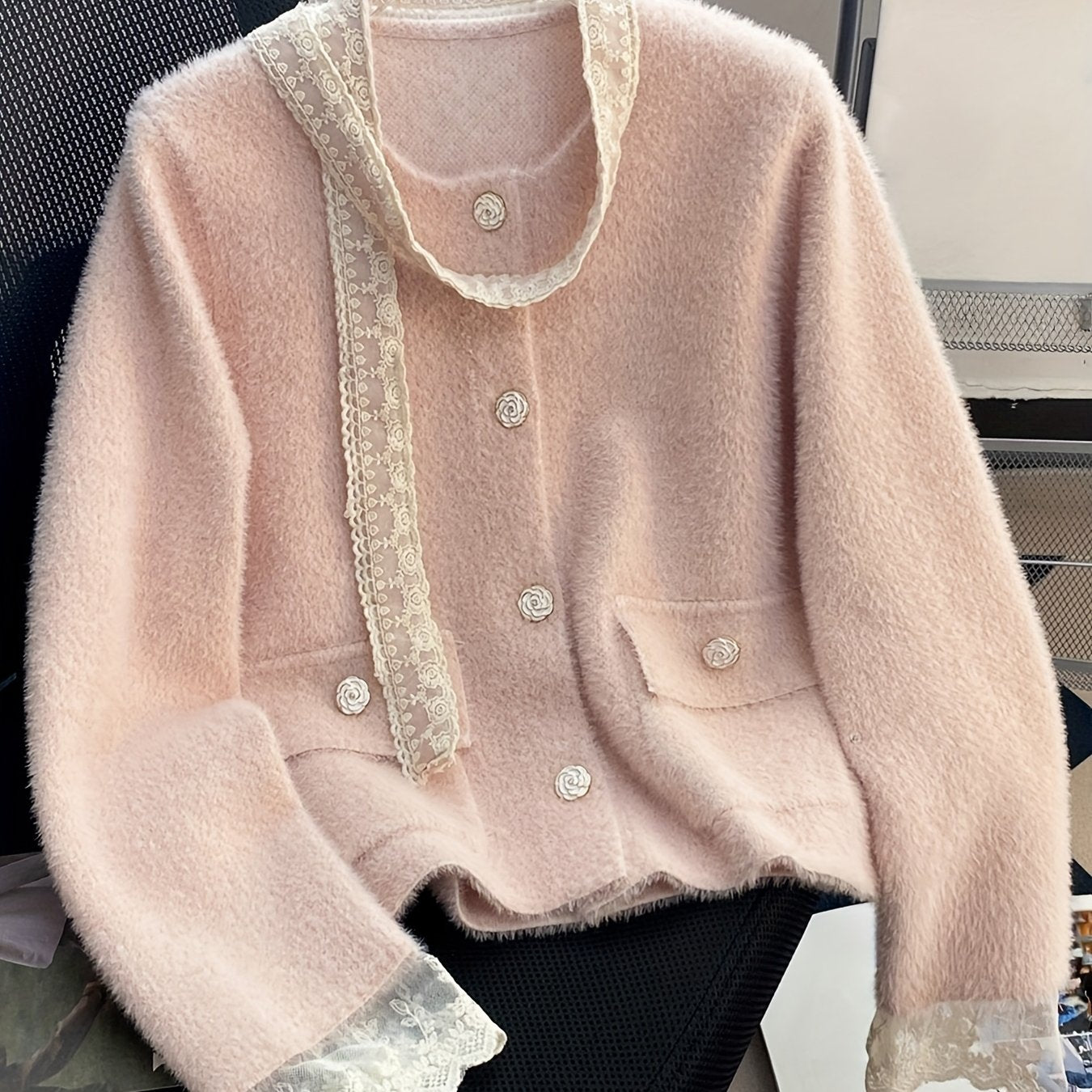 Women's Elegant Soft Pink Lace Trim Jacket - Round Neck Single-Breasted Double Pocket Blazer with Fringe-Free Lace Edges, Versatile All-Season Long Sleeve Coat for Casual & Formal Outfits, Hand Washable Medium Stretch Fabric