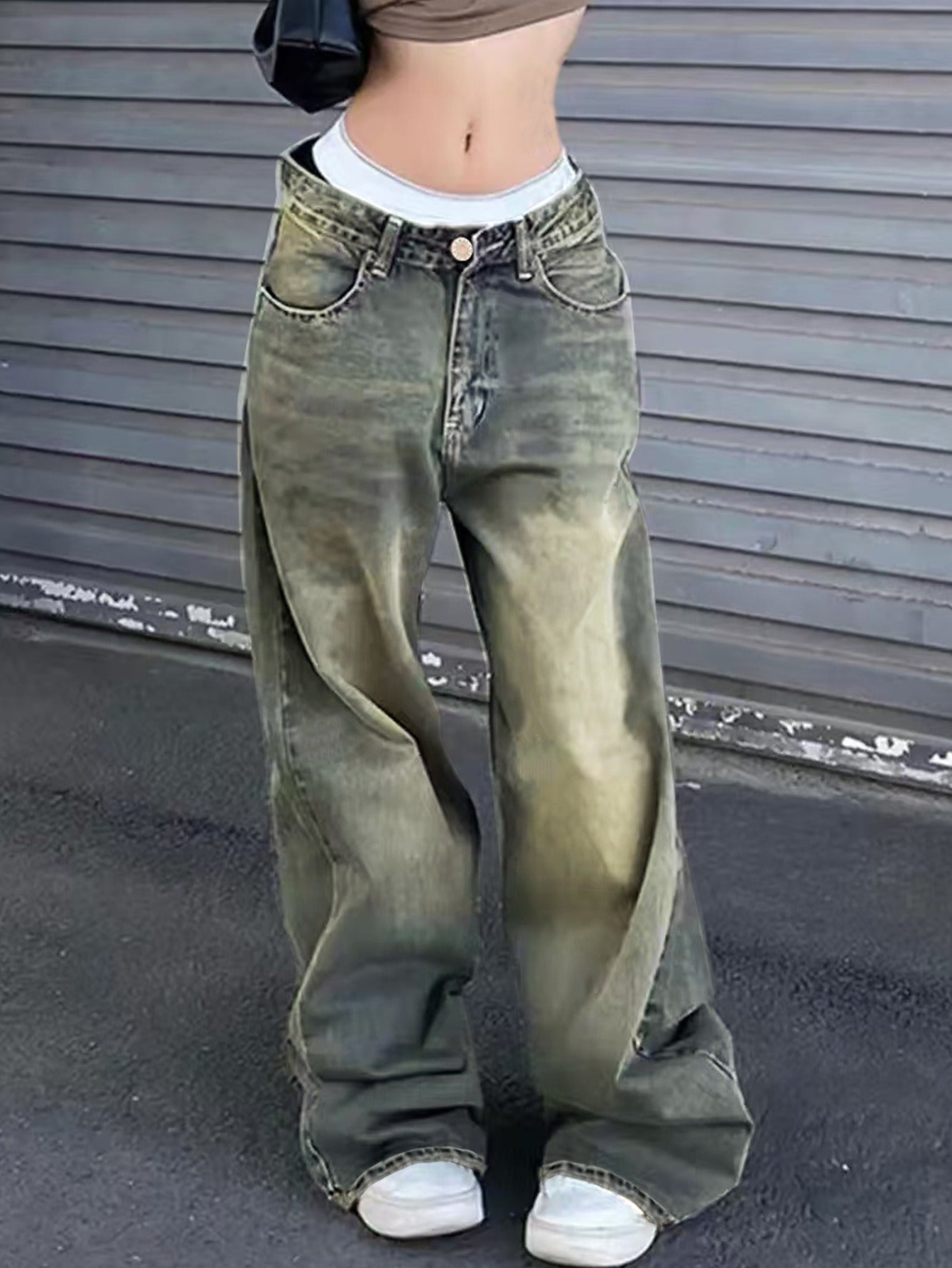 New Street Style Wide Leg Jeans Distressed Wash