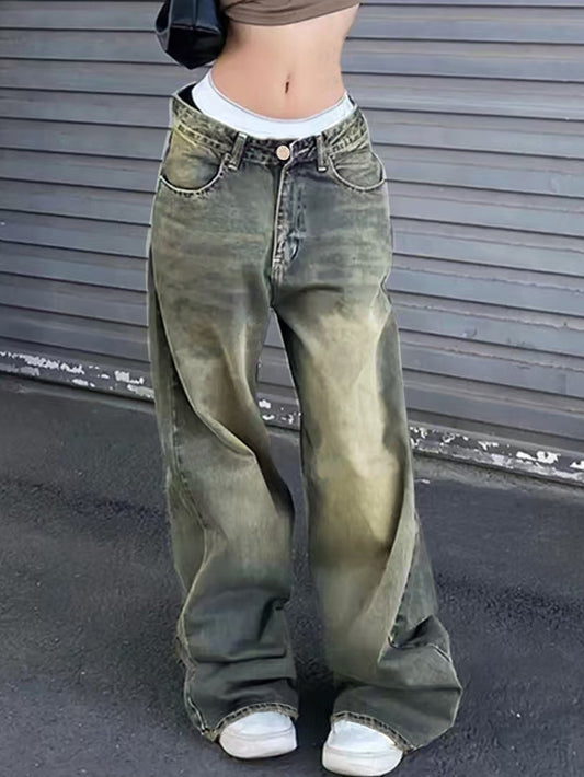 New Street Style Wide Leg Jeans Distressed Wash