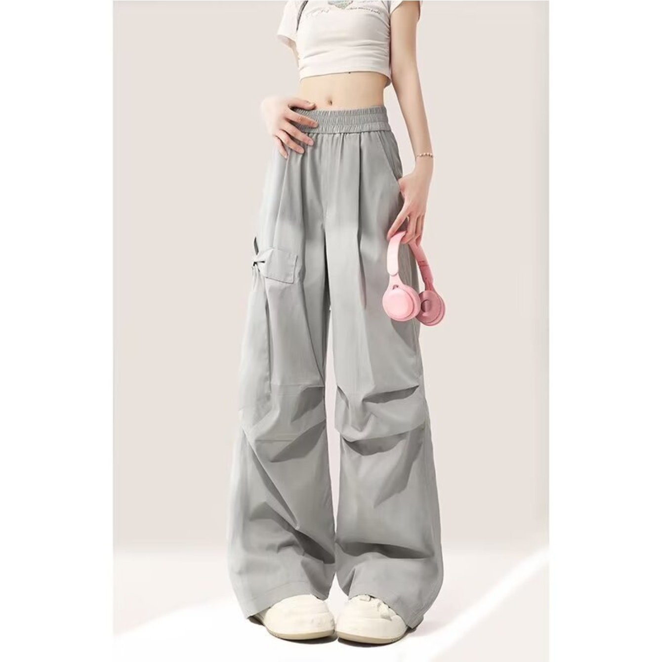 Women's Wide-Leg Cargo-Like Parachute Pants - Grey All-Season Loose Trousers with Multiple Utility Pockets, Straight-Leg Retro High-Waisted Design (No Elastic Waist) for Casual & Professional Wear, Machine Washable (No Shrinkage)