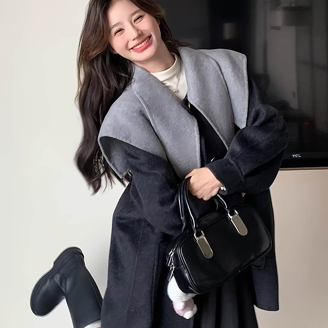 Women's Elegant Black Wool Tweed Coat - Dual-Sided Breasted Navy Collar, Loose Fit for Winter & Fall, Soft & Stylish Outerwear for Casual or Chic Outfits