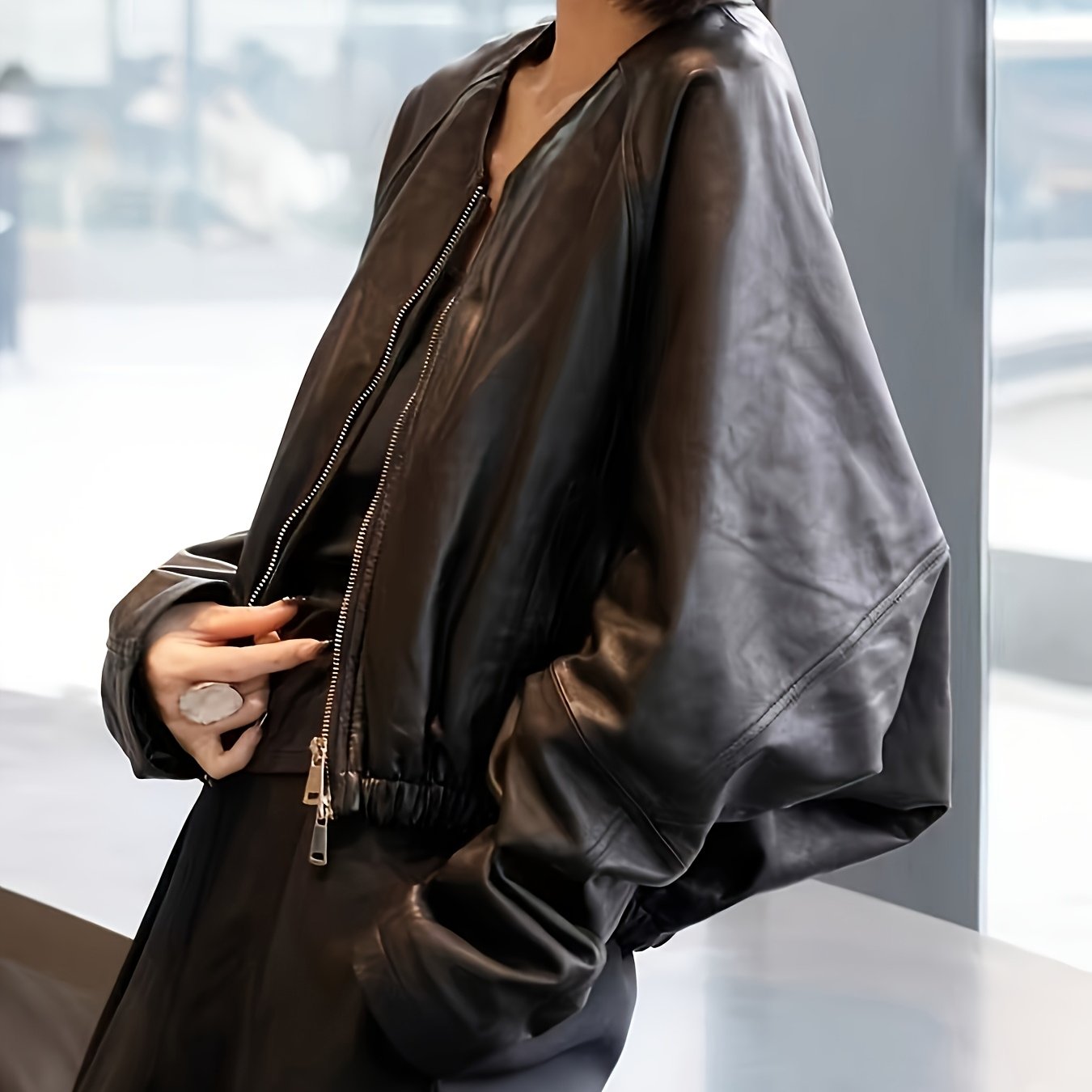Women'S Black Jacket - Casual Loose Fit with Adjustable Drawstring Waist, Batwing Sleeves, and Golden-Tone Zipper, Perfect for Spring\u002FSummer\u002FFall