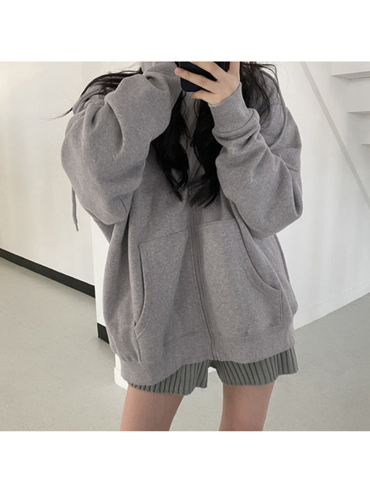 Women's Winter Plush Zipper Hooded Cardigan Coat - Thickened Jacket with Hood, Loose Fit Oversized Collar, Full-Zip Closure, Hand Washable Solid Color Outerwear (Grey\u002FBlack) for Casual & Formal Wear