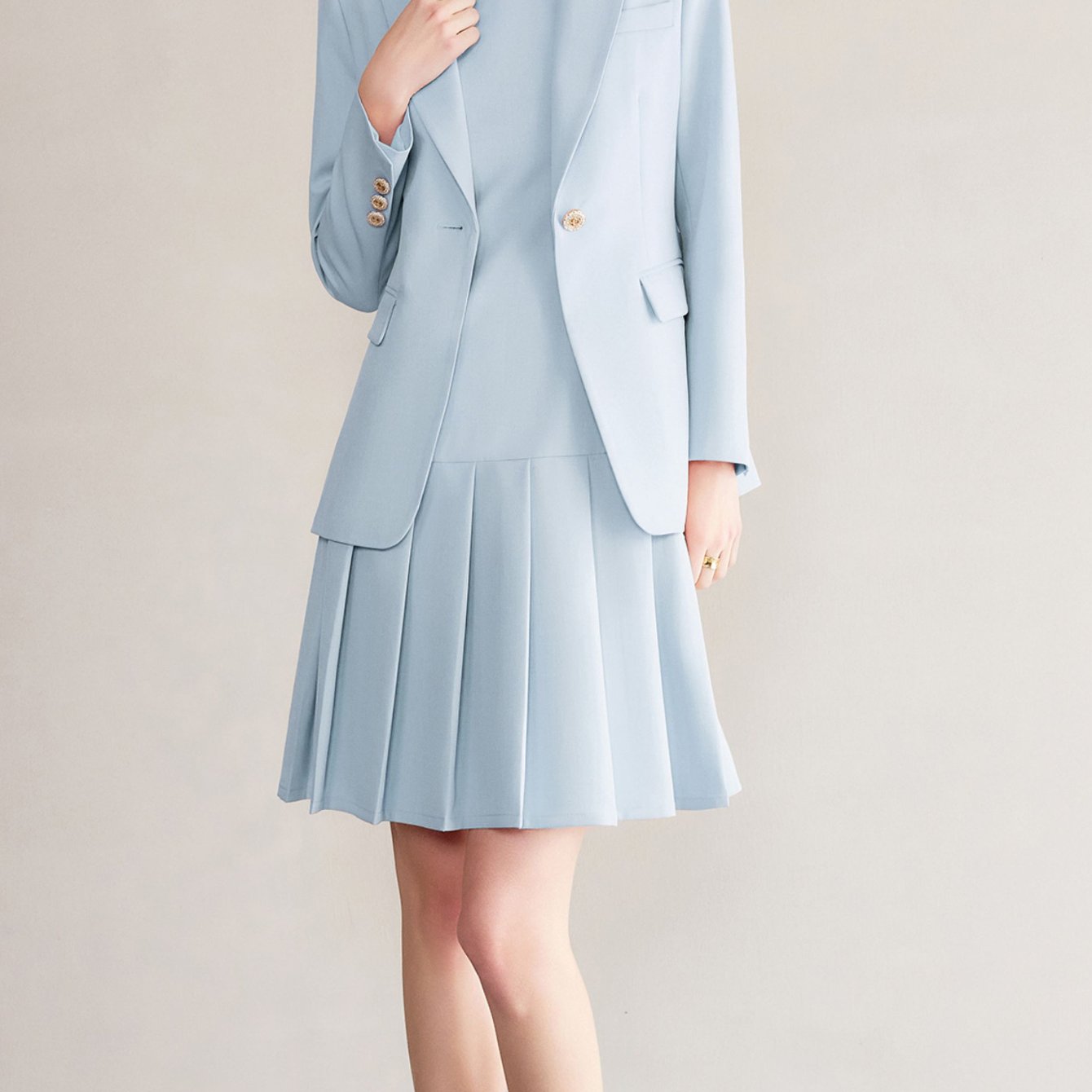 Light Blue Suit Set Lapel Blazer with Pleated Dress Two Piece for Office and Commute