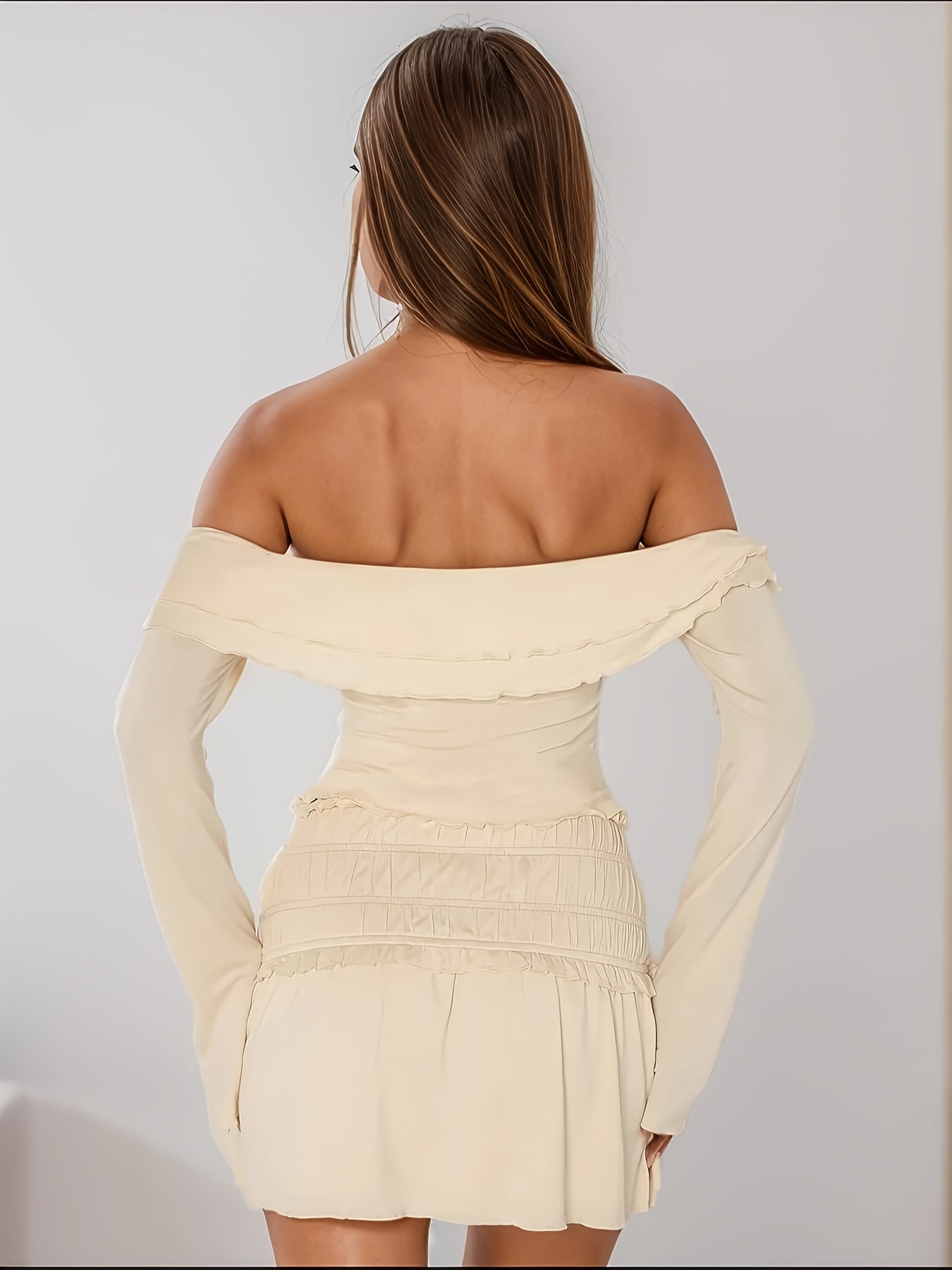 Ladies' Summer Vacation Exclusive - Elegant Off Shoulder Ruffle Short Top And Layered Long Skirt Set, Elastic Polyester Blended