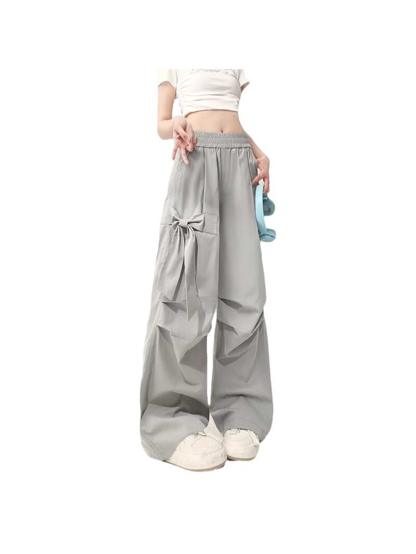 Women's Wide-Leg Cargo-Like Parachute Pants - Grey All-Season Loose Trousers with Multiple Utility Pockets, Straight-Leg Retro High-Waisted Design (No Elastic Waist) for Casual & Professional Wear, Machine Washable (No Shrinkage)