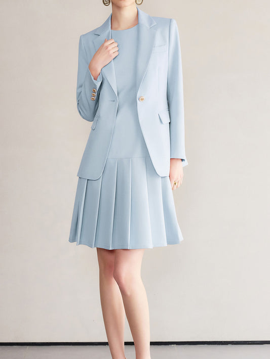 Light Blue Suit Set Lapel Blazer with Pleated Dress Two Piece for Office and Commute