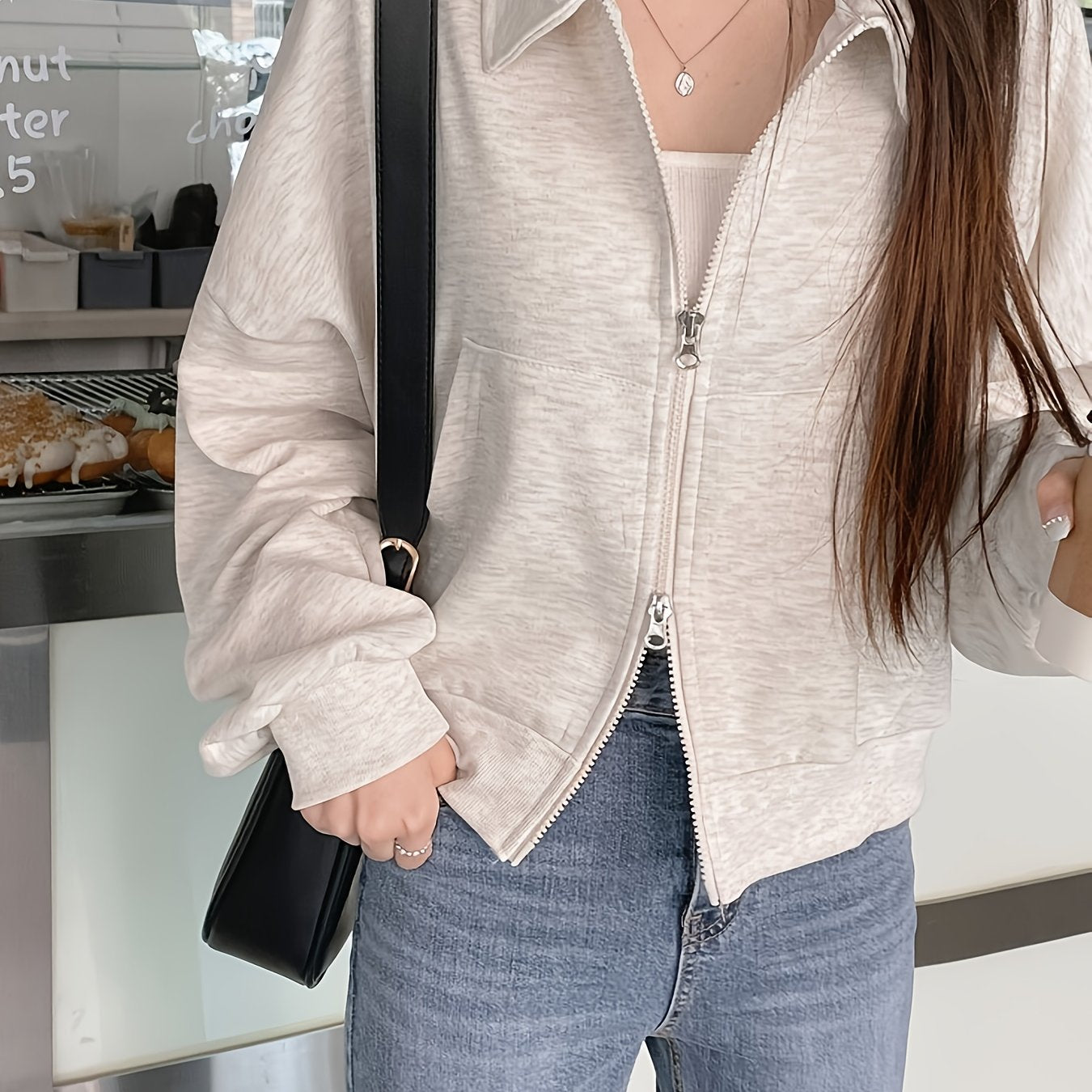 Women'S Chic Korean-Inspired Double-Zip Front Zip-Up Cardigan - Loose Fit Long Sleeve Open Front Jacket with Lapel Collar, Solid Color Spring Summer Fall Layering Piece for Casual or Stylish Outfits, Versatile Fashion, Durable Fabric