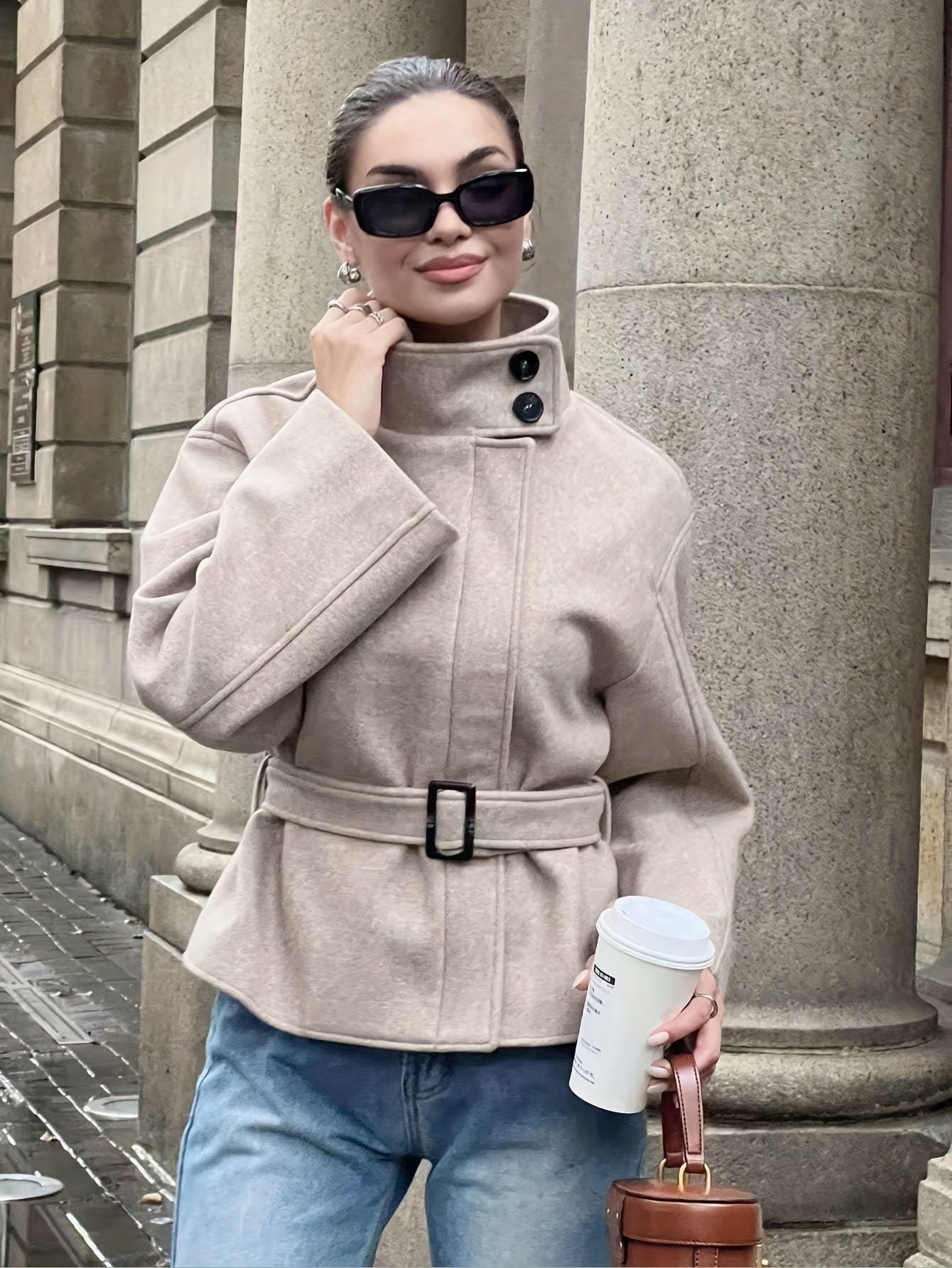 Autumn/Winter Elegant Stand Collar Tweed Belt Waist Coat Jacket Casual Fashion Long Sleeve Women's Outerwear