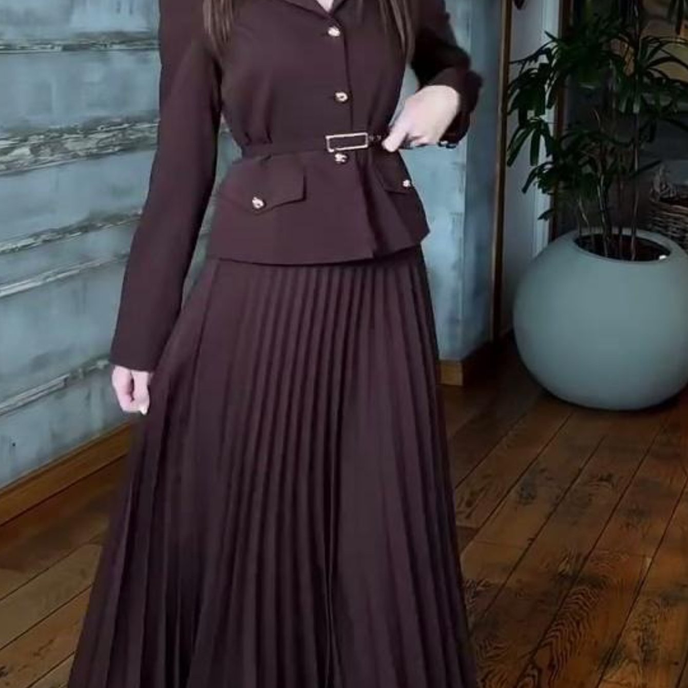 Plus Size - Plus Size, Women'S Elegant Belted Cardigan Suit Jacket & Long Skirt Set - Oversized Fit with Structured Waist, Round Neck Long Sleeve Coat & Matching Skirt, All-Season Versatile Formal & Semi-Formal Outfit, Pockets, Plus Size Available (