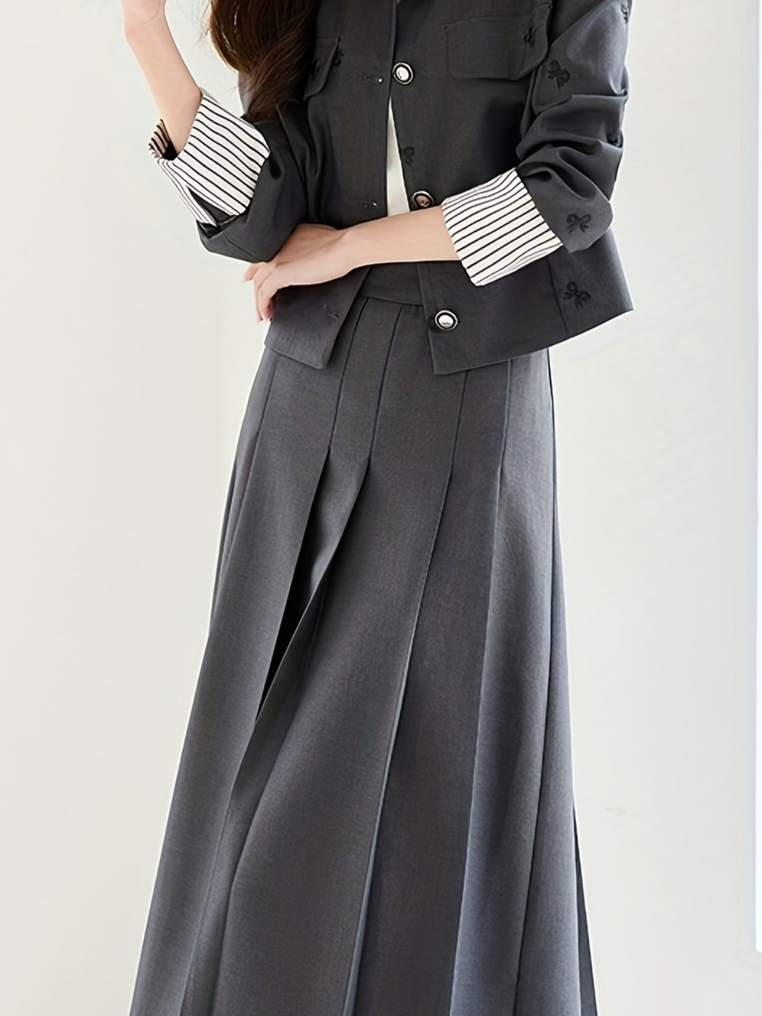 Elegant French-Inspired Butterfly Print Women'S Suit - Chic Black & White Striped Short Jacket with Embroidered Detail, Matching Midi Skirt Set for Spring\u002FFall, Button-Up, Non-Stretch Fabric