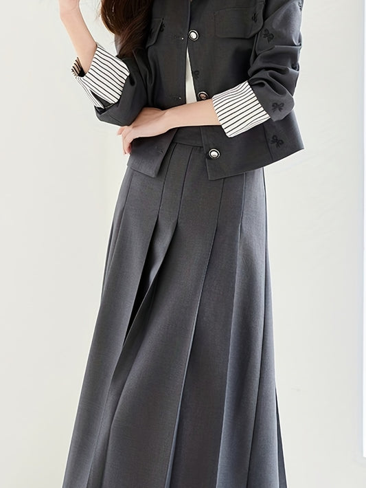 Elegant French-Inspired Butterfly Print Women'S Suit - Chic Black & White Striped Short Jacket with Embroidered Detail, Matching Midi Skirt Set for Spring\u002FFall, Button-Up, Non-Stretch Fabric