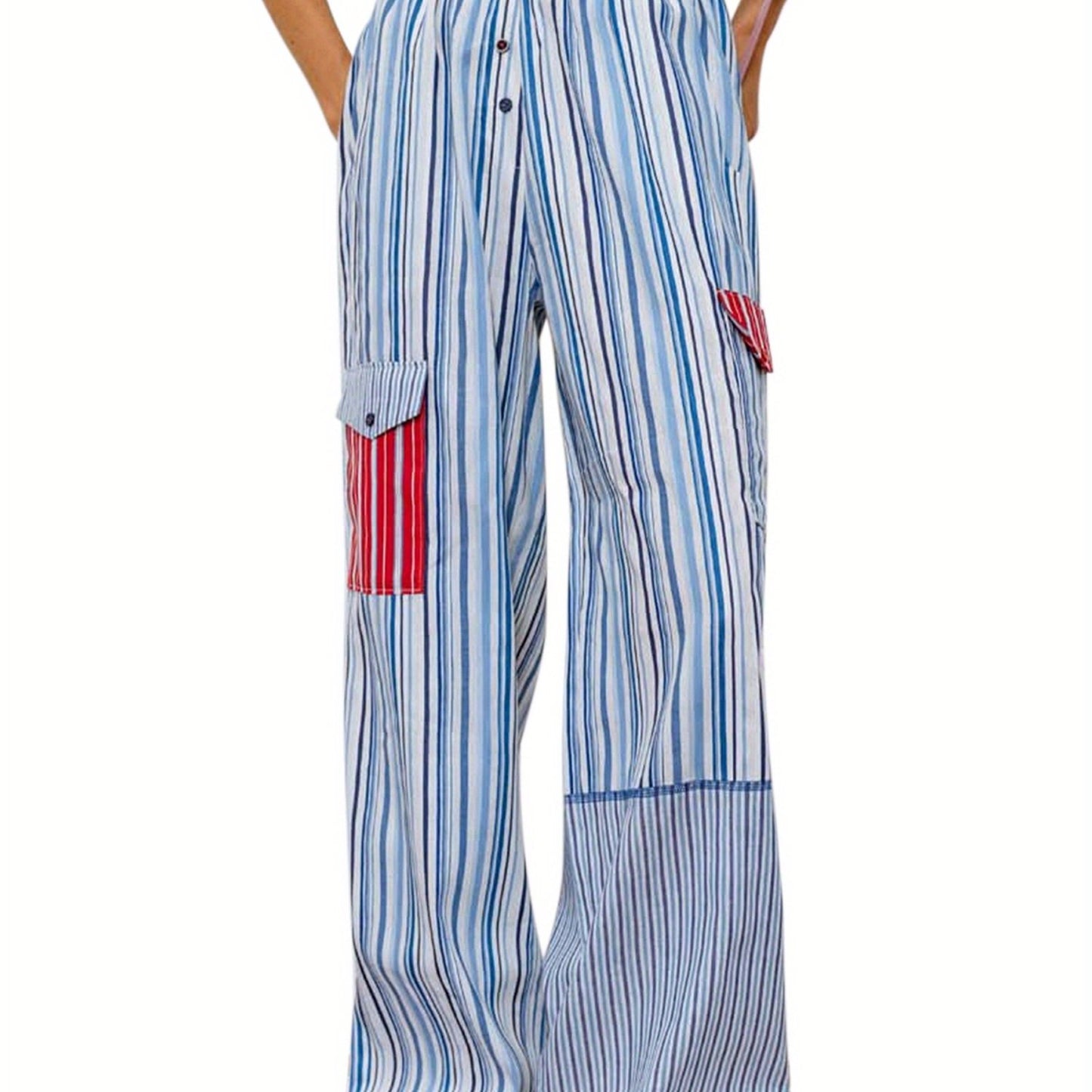 1pc Women'S Casual Striped Wide Leg Pants, Elastic Waist Loose Trousers with Pockets, Spring\u002FAutumn Streetwear for Adults