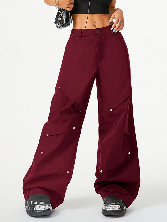 New Hot-selling Women's Trousers Street Style Versatile Casual Trend Wine Red Splicing Rivet Pleated Pants