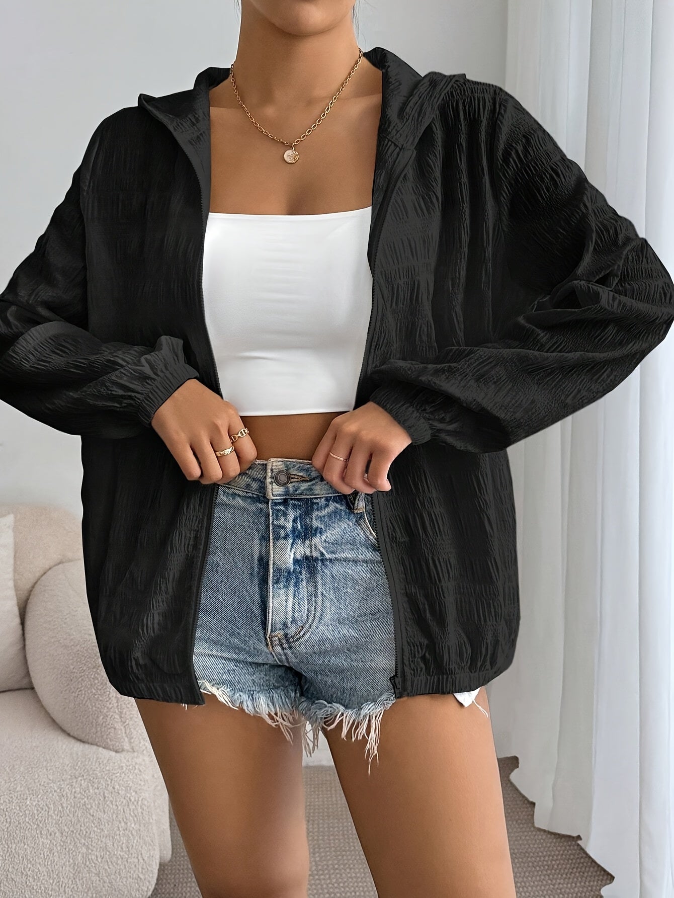 Women'S Elegant Zipper Hooded Jacket - Long Sleeve, Solid Black, Casual Chic Style for Spring\u002FFall, Lightweight & Stylish Outerwear, Casual Chic Jacket | Zipper Closure | Lightweight Jacket