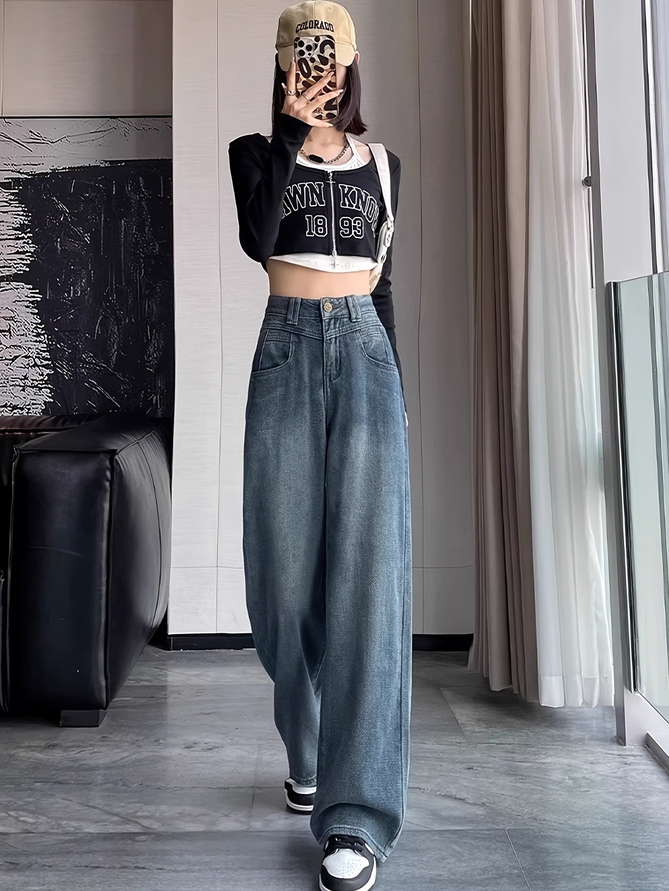 Retro Blue Distressed Jeans Retro Blue Distressed Women's High-Rise Loose Straight Cut Jeans | Frayed Hem Y2K 90s Style Denim Pants, Machine Washable Casual All-Season Comfort