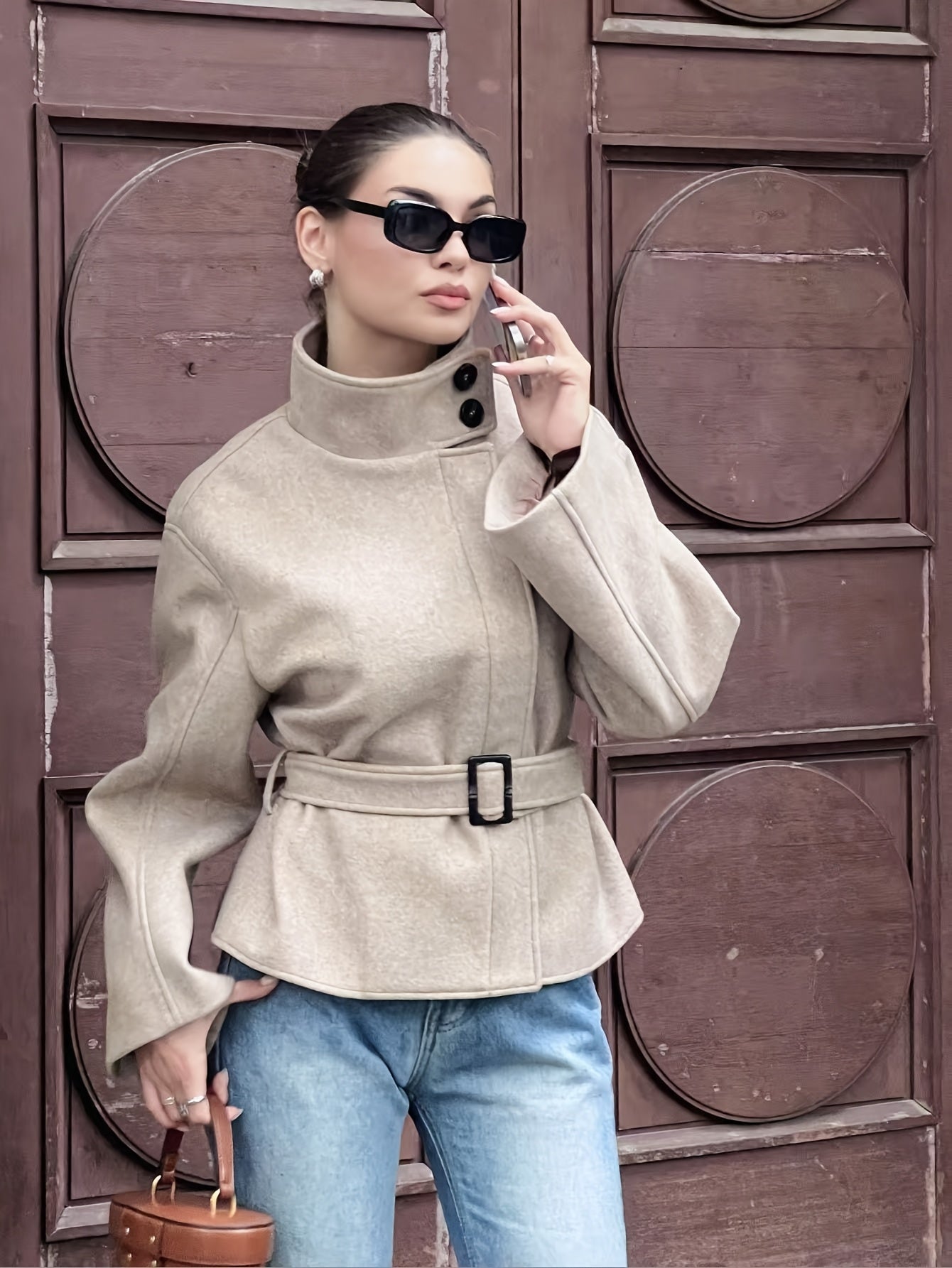 Autumn/Winter Elegant Stand Collar Tweed Belt Waist Coat Jacket Casual Fashion Long Sleeve Women's Outerwear