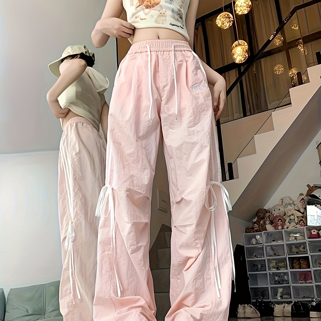 Women'S High-Waisted Wide-Leg Pants with Bow Detail - Breathable Lightweight Casual Trousers, Loose Fit Straight-Leg Design for Spring Summer Fall, Versatile for Casual Attire, High Waisted Pants, Comfortable Clothing, Durable Fabric