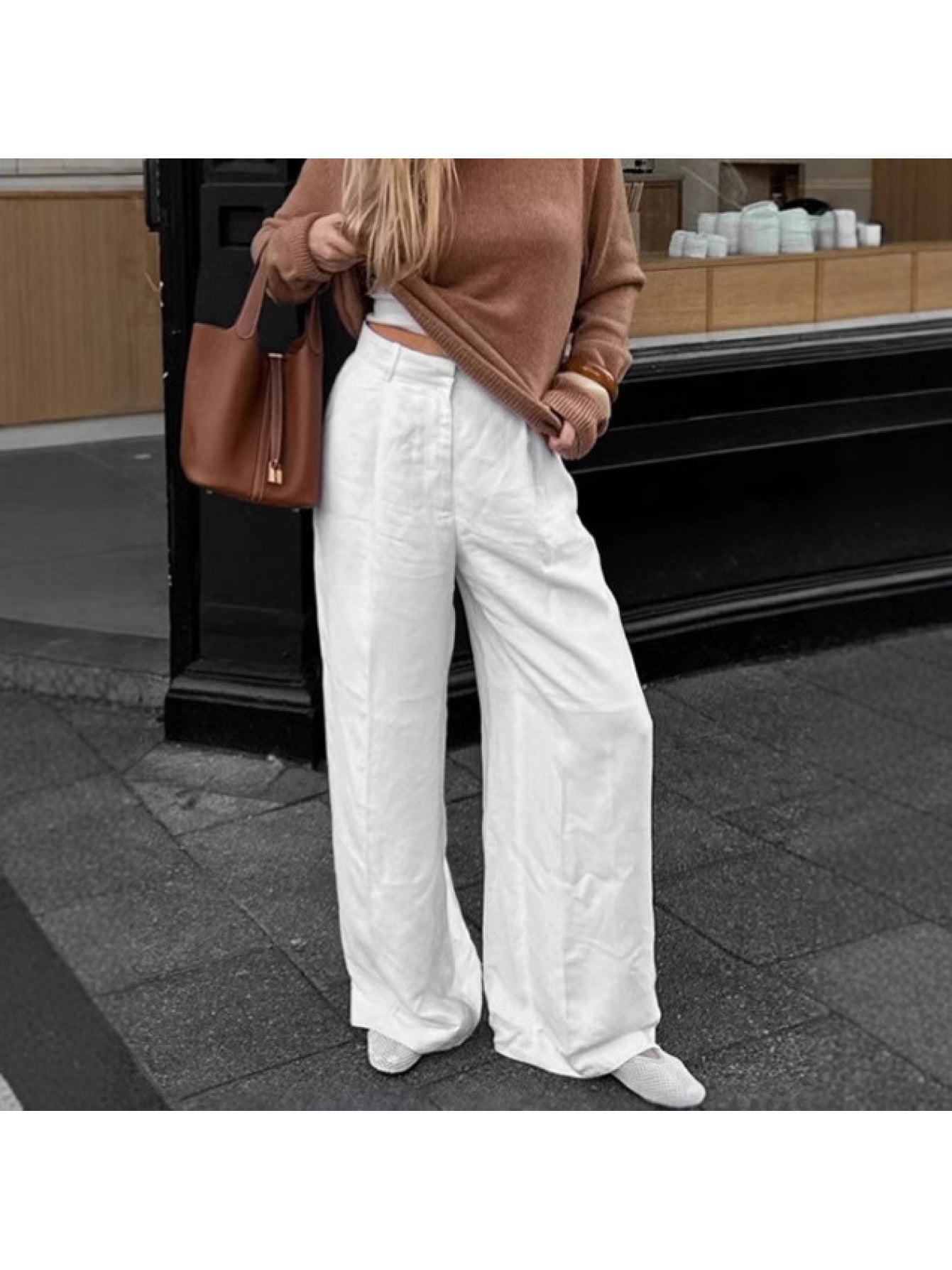 Women's 2025 Summer White Linen Pants - High-Waisted Wide-Leg Relaxed Fit with Zipper Closure, Breathable Lightweight Casual to Semi-Formal Trousers for Women, Machine Washable European & American Street Style Versatile Everyday Pants