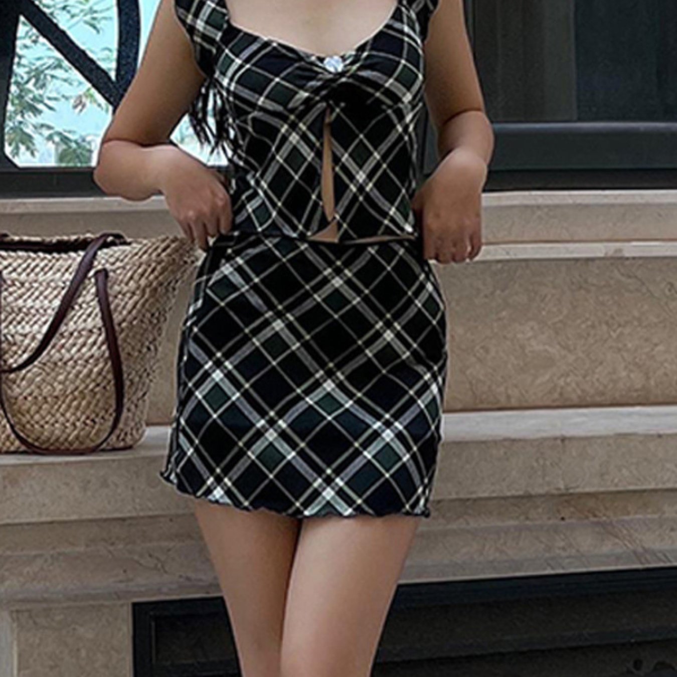 Women 2pcs Outfits Vintage Plaid Split Tank Tops and Mini Skirt Summer Streetwear Aesthetic Clothes