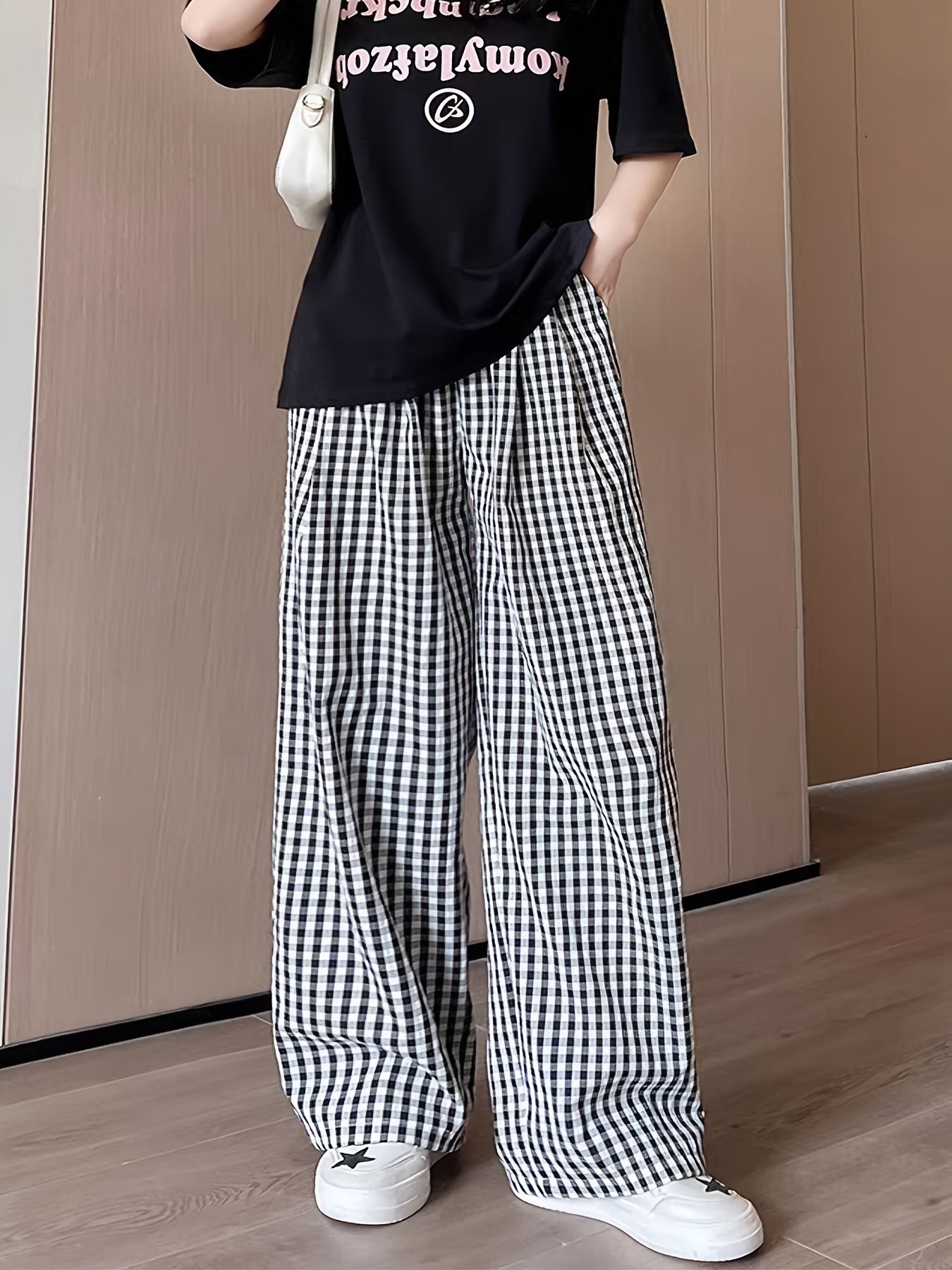 Women's High-Waisted Black & White Checkered Wide-Leg Lounge Pants - Lightweight Elastic Waist Relaxed Fit Clothing & Casual Trousers for Spring Summer Fall, Comfy Pants, Spring Summer Clothing, Comfortable Clothing