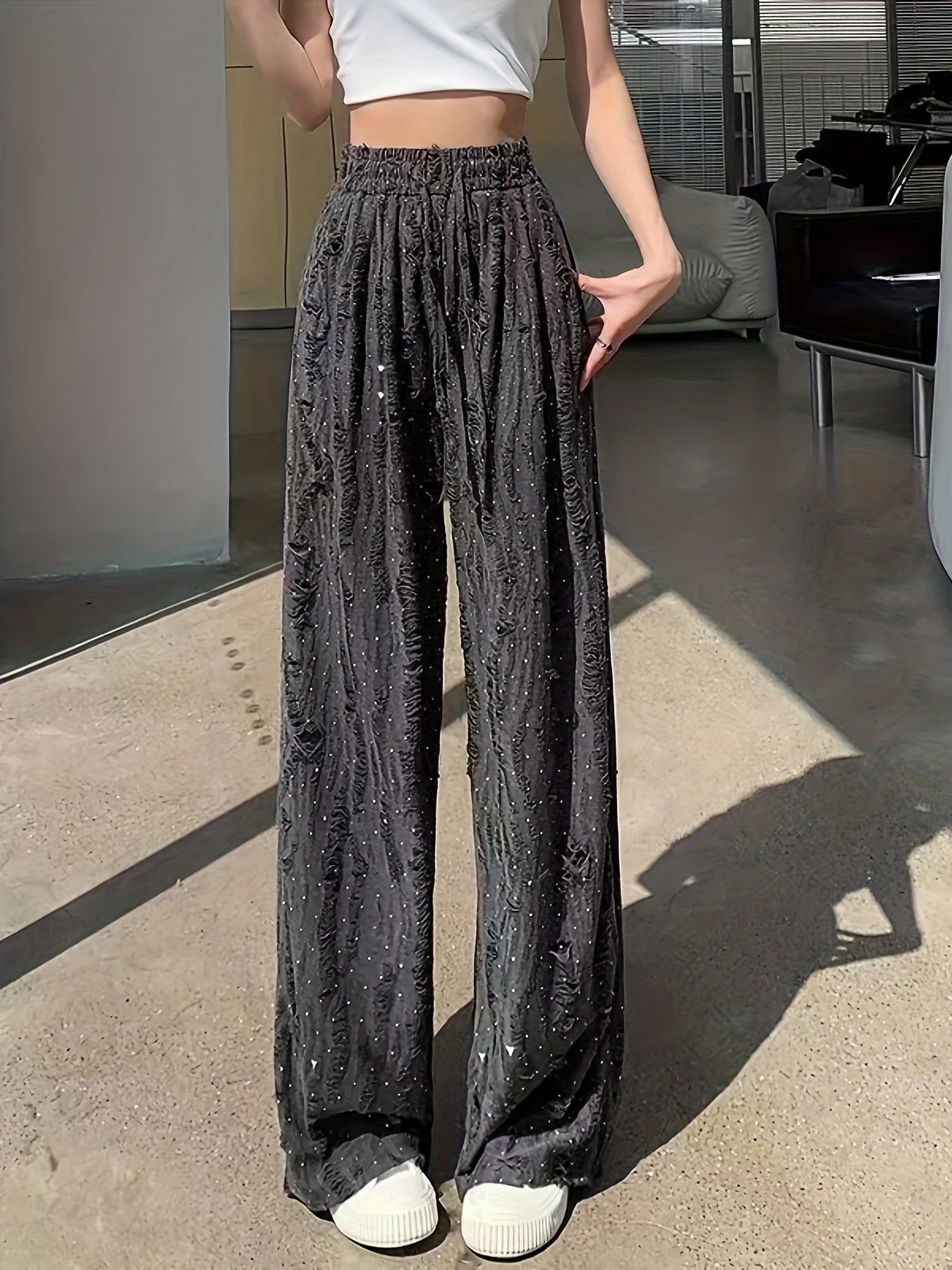 Solid Wide Leg Wide Leg Pants, Casual Ripped Holes Tied Elastic Waist Comfy Pants For Summer & Fall, Women's Clothing
