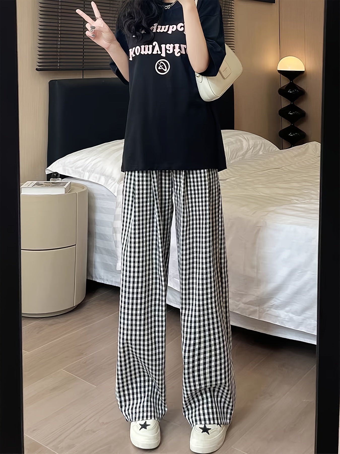 Women's High-Waisted Black & White Checkered Wide-Leg Lounge Pants - Lightweight Elastic Waist Relaxed Fit Clothing & Casual Trousers for Spring Summer Fall, Comfy Pants, Spring Summer Clothing, Comfortable Clothing
