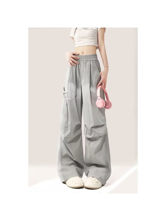 Women's Wide-Leg Cargo-Like Parachute Pants - Grey All-Season Loose Trousers with Multiple Utility Pockets, Straight-Leg Retro High-Waisted Design (No Elastic Waist) for Casual & Professional Wear, Machine Washable (No Shrinkage)