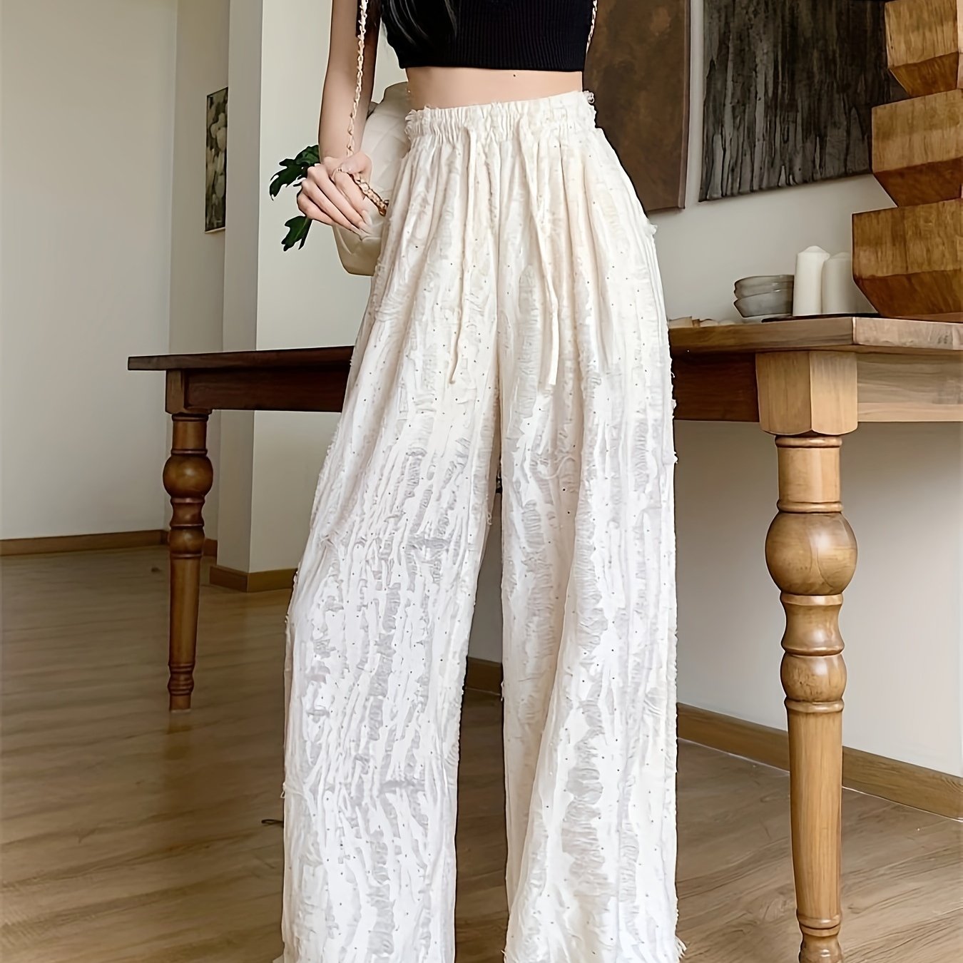 Solid Wide Leg Wide Leg Pants, Casual Ripped Holes Tied Elastic Waist Comfy Pants For Summer & Fall, Women's Clothing