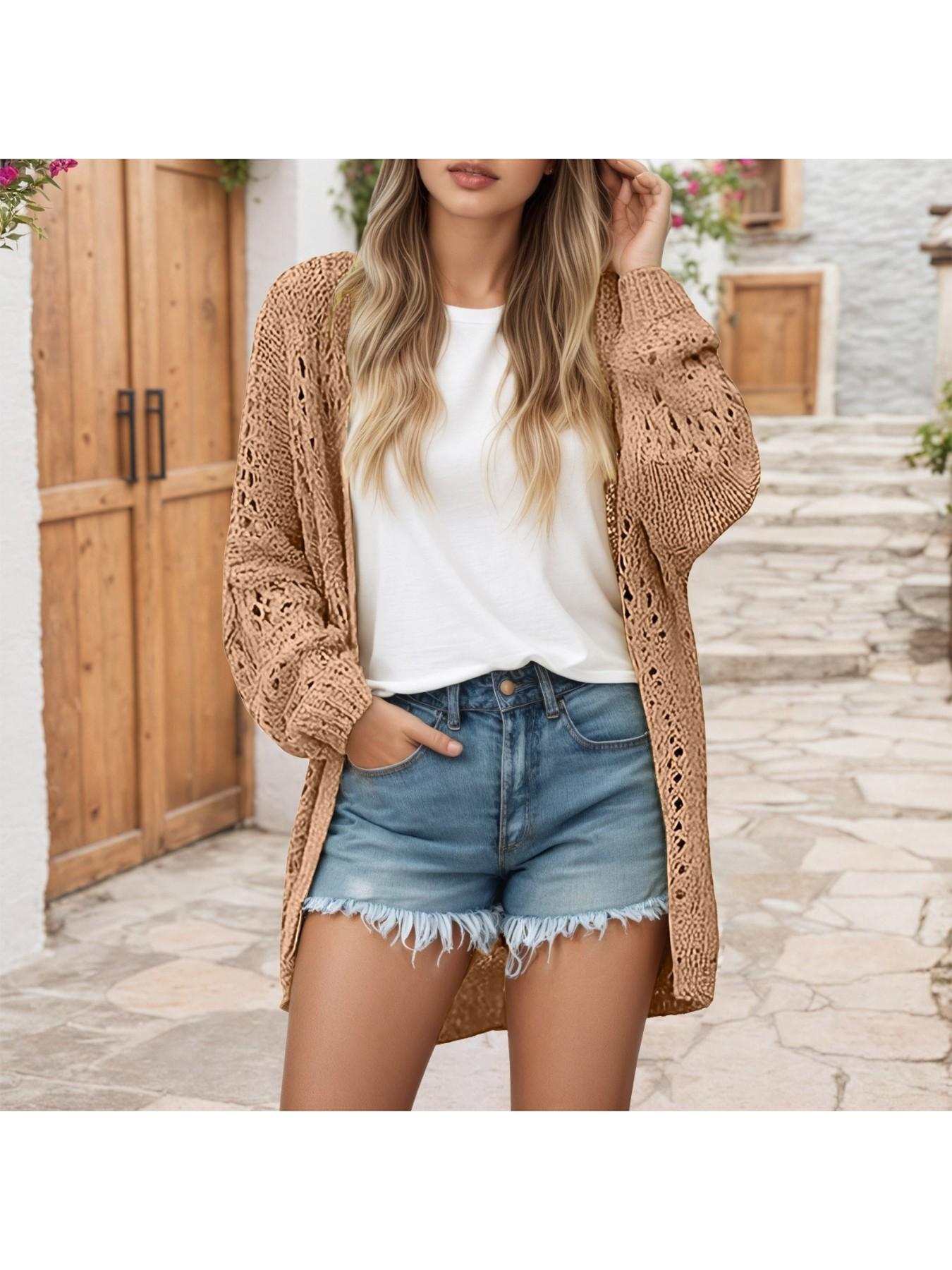 Women's Elegant Open Front Long Sleeve Cardigan Sweater Coat with Fringe Hem & Pockets - Soft Fall Winter Warm Coat, Casual to Semi-Formal Outwear, Solid Color & Contrast Trim (Dry Clean Only)