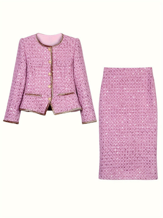 Luxury Peony Purple Dress New Luxury Two-Piece Dress Set for Wealthy Young Ladies - Sophisticated Peony Purple, Sequins Embellished, Coarse Tweed, Priced at 28690