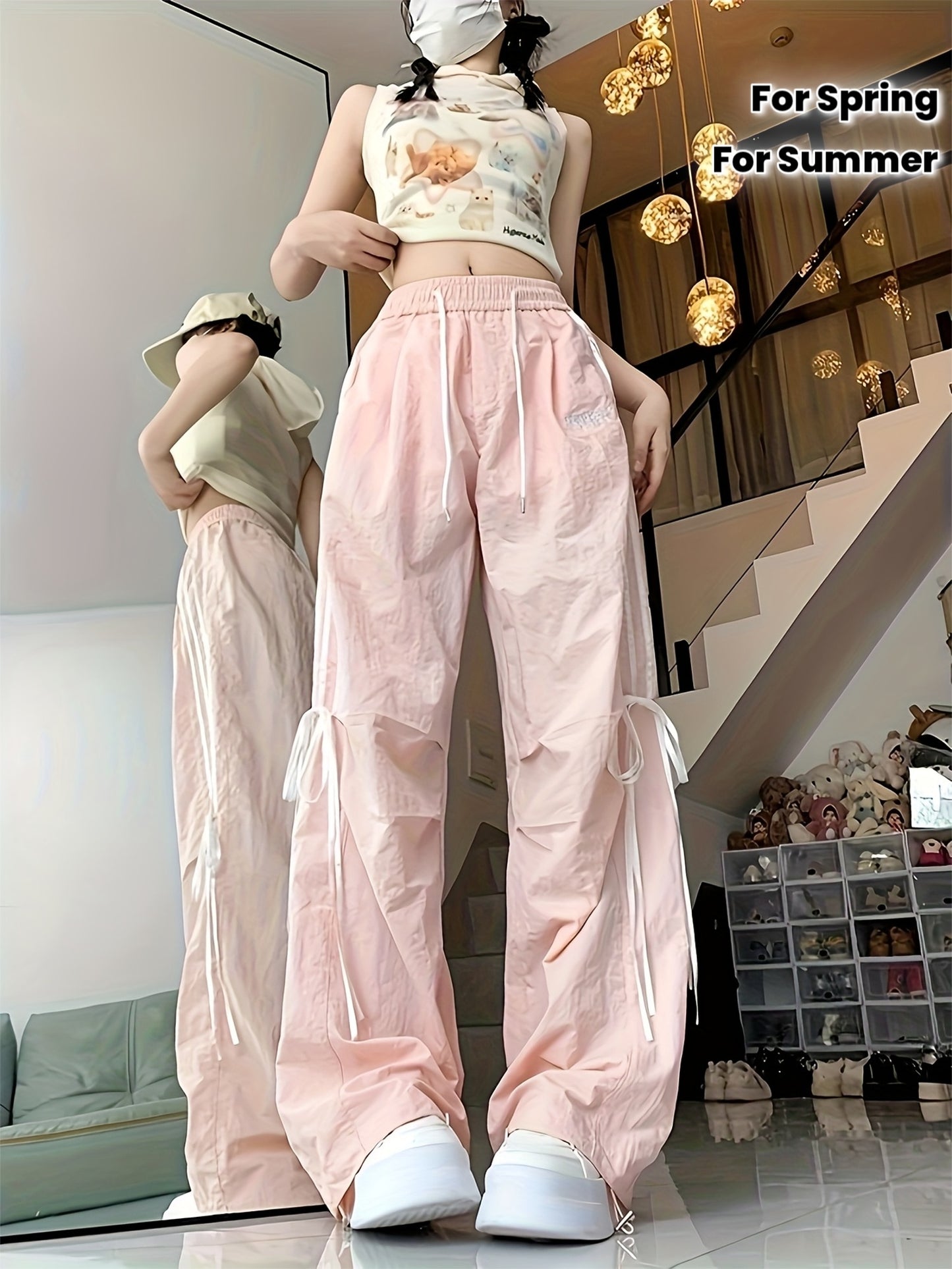 Women'S High-Waisted Wide-Leg Pants with Bow Detail - Breathable Lightweight Casual Trousers, Loose Fit Straight-Leg Design for Spring Summer Fall, Versatile for Casual Attire, High Waisted Pants, Comfortable Clothing, Durable Fabric