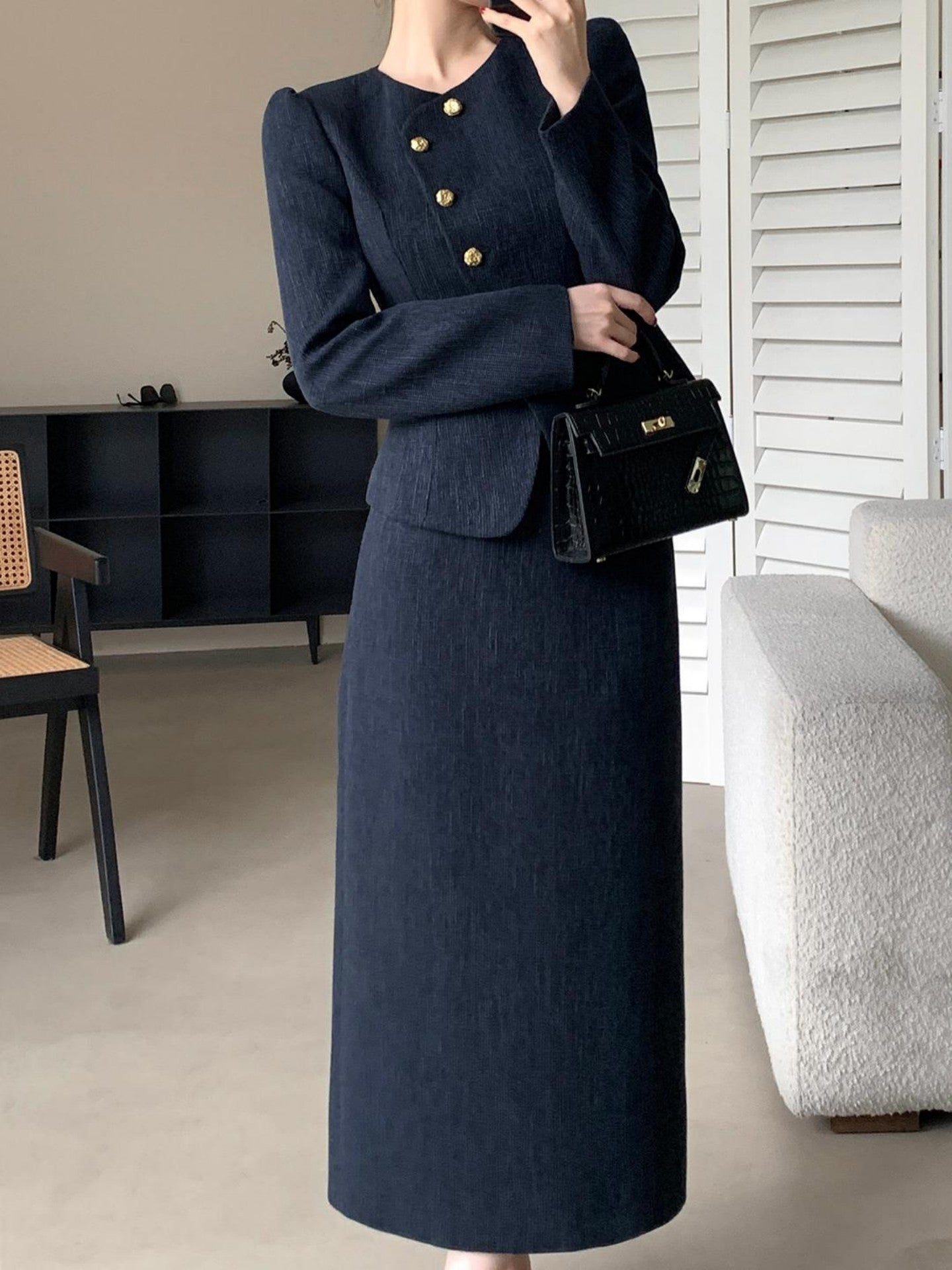 Women'S Professional Business Suit Set - Navy Blue & Golden-Tone Blazer and Pencil Skirt, Structured Office Outfit for Job Interviews, Formal Events - Elegant Formal Attire