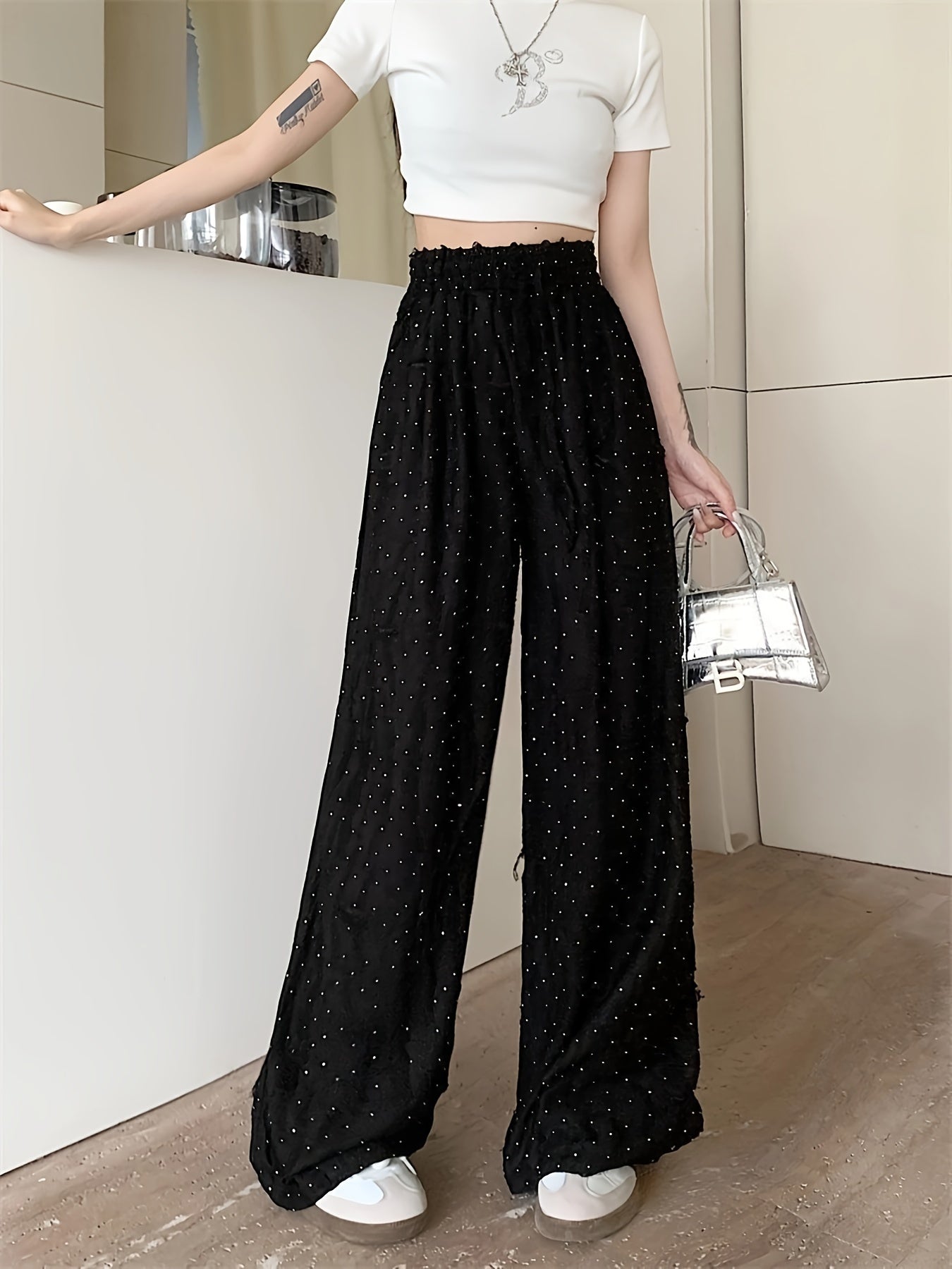 Solid Wide Leg Wide Leg Pants, Casual Ripped Holes Tied Elastic Waist Comfy Pants For Summer & Fall, Women's Clothing