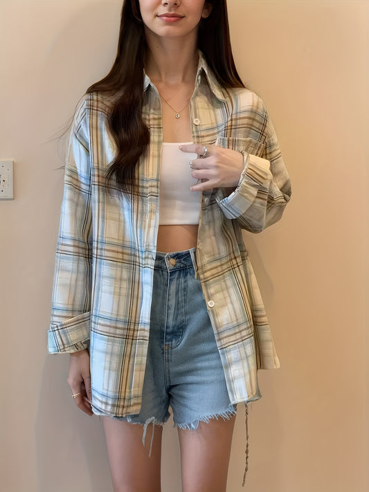 Women's Lightweight Plaid Shirt Jacket - Casual Long Sleeve Sun-Protective Coat with Button- Front, Loose Fit for Spring & Fall, Polyester Blend, Machine Washable
