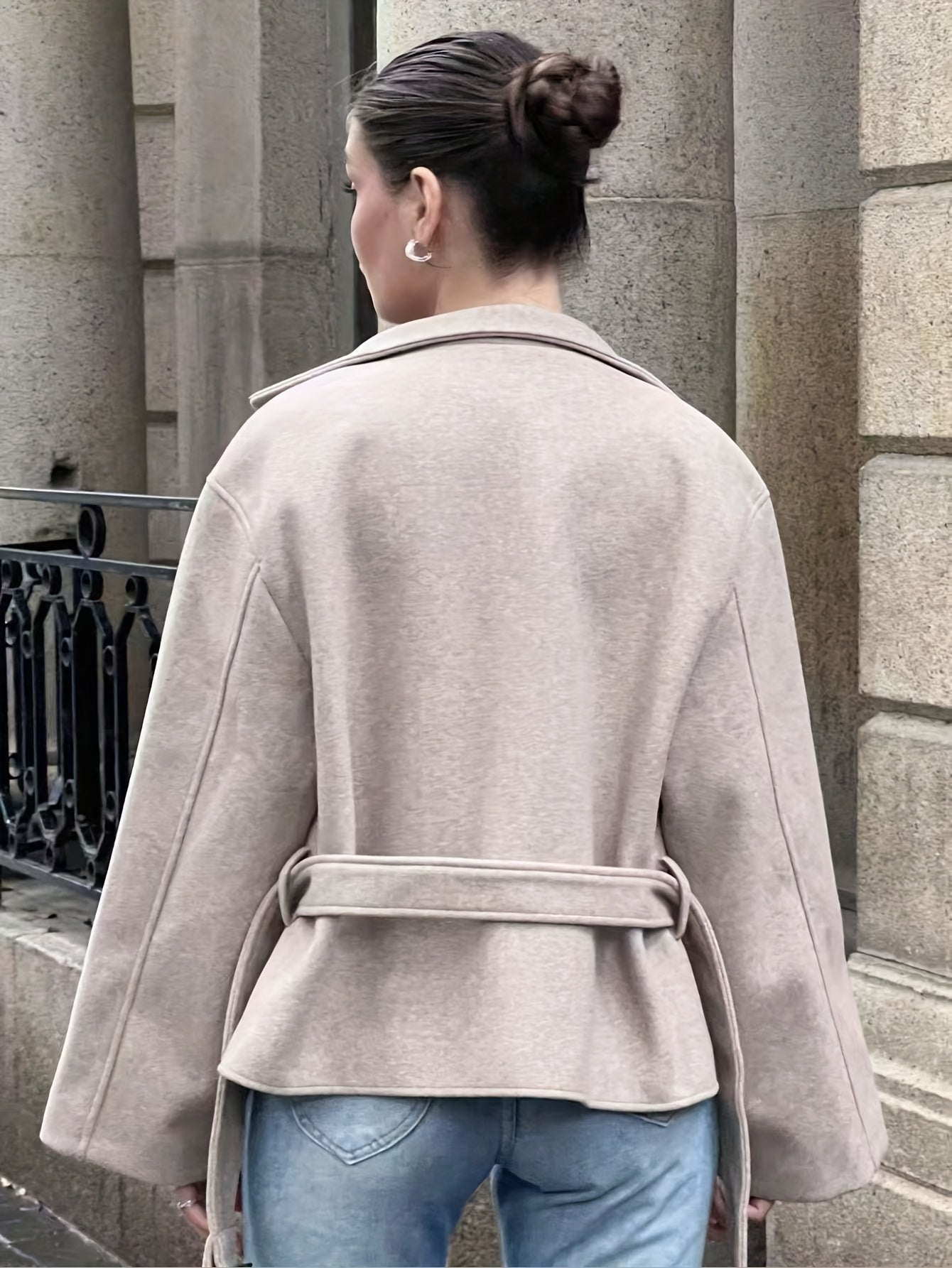 Autumn/Winter Elegant Stand Collar Tweed Belt Waist Coat Jacket Casual Fashion Long Sleeve Women's Outerwear