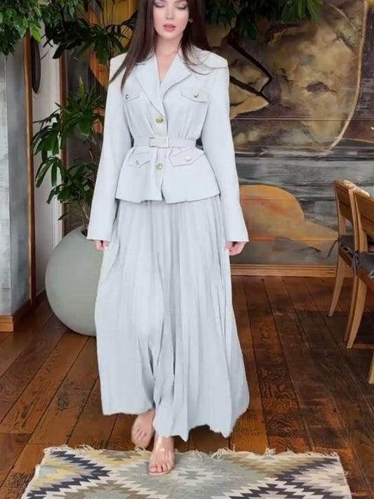Plus Size - Plus Size, Women'S Elegant Belted Cardigan Suit Jacket & Long Skirt Set - Oversized Fit with Structured Waist, Round Neck Long Sleeve Coat & Matching Skirt, All-Season Versatile Formal & Semi-Formal Outfit, Pockets, Plus Size Available (