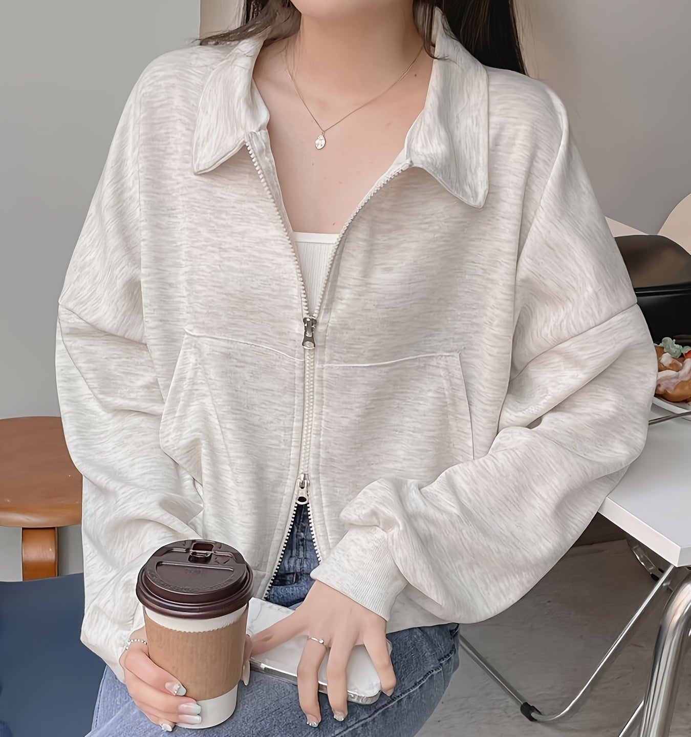 Women'S Chic Korean-Inspired Double-Zip Front Zip-Up Cardigan - Loose Fit Long Sleeve Open Front Jacket with Lapel Collar, Solid Color Spring Summer Fall Layering Piece for Casual or Stylish Outfits, Versatile Fashion, Durable Fabric