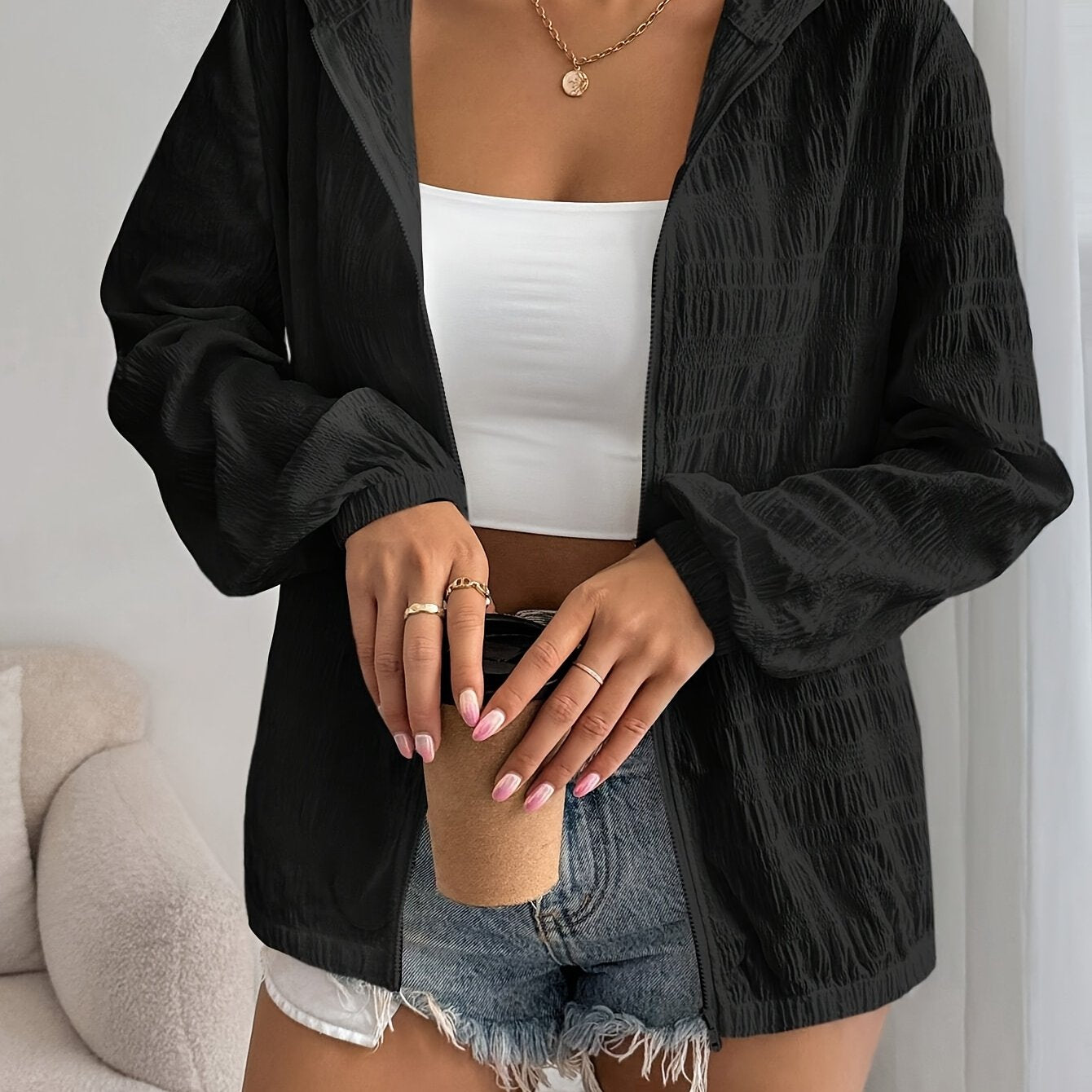 Women'S Elegant Zipper Hooded Jacket - Long Sleeve, Solid Black, Casual Chic Style for Spring\u002FFall, Lightweight & Stylish Outerwear, Casual Chic Jacket | Zipper Closure | Lightweight Jacket