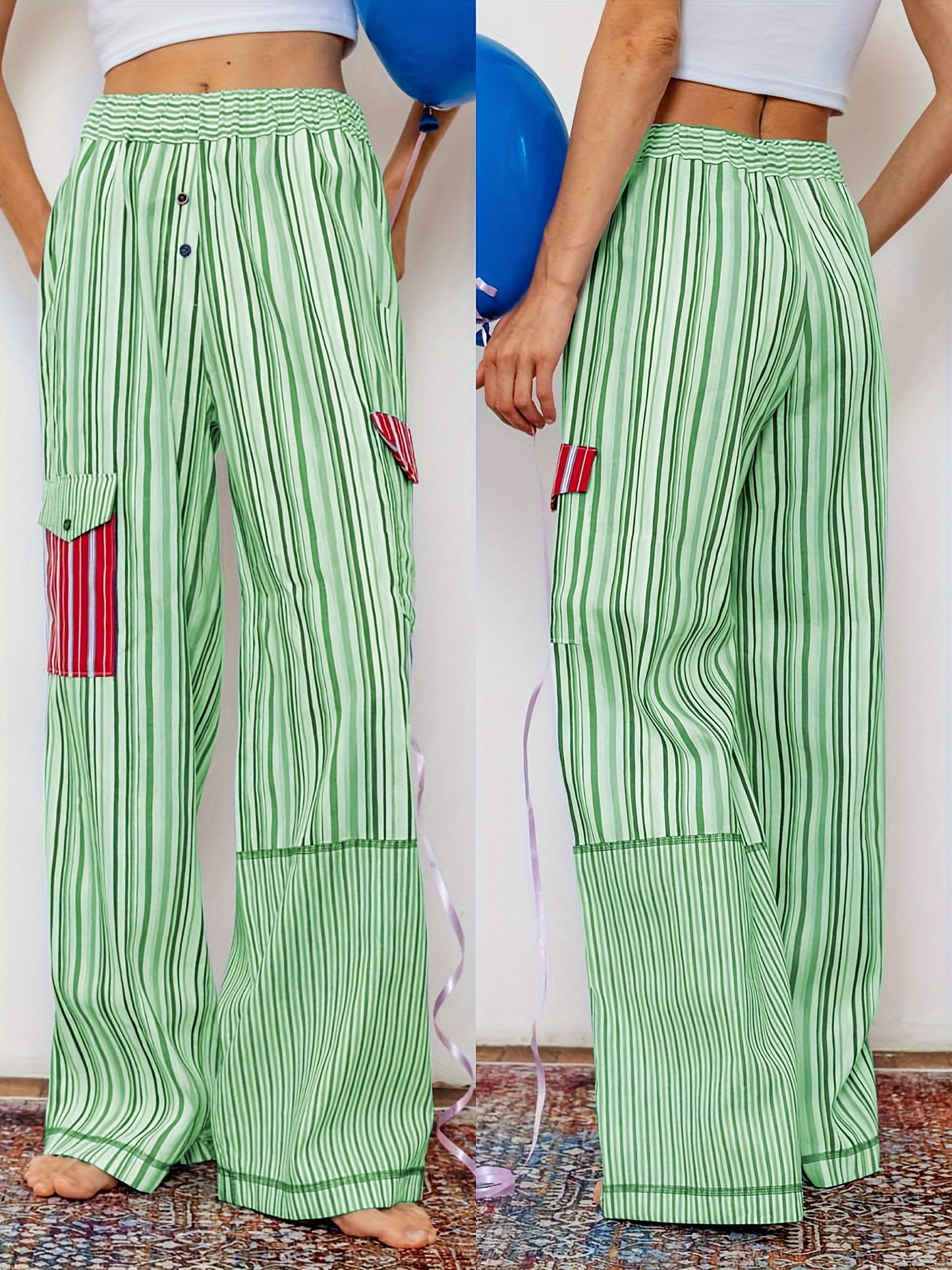 1pc Women'S Casual Striped Wide Leg Pants, Elastic Waist Loose Trousers with Pockets, Spring\u002FAutumn Streetwear for Adults
