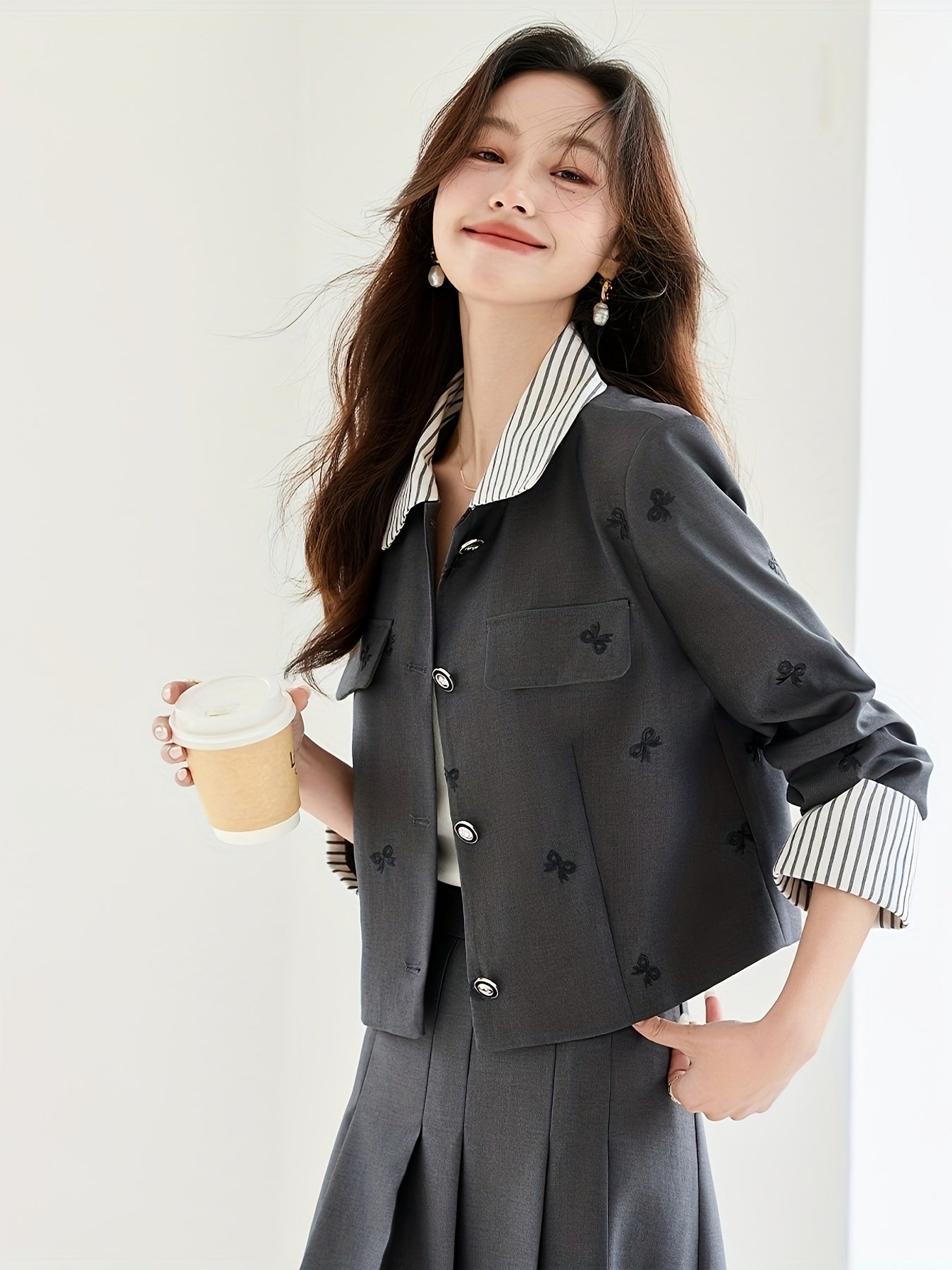 Elegant French-Inspired Butterfly Print Women'S Suit - Chic Black & White Striped Short Jacket with Embroidered Detail, Matching Midi Skirt Set for Spring\u002FFall, Button-Up, Non-Stretch Fabric