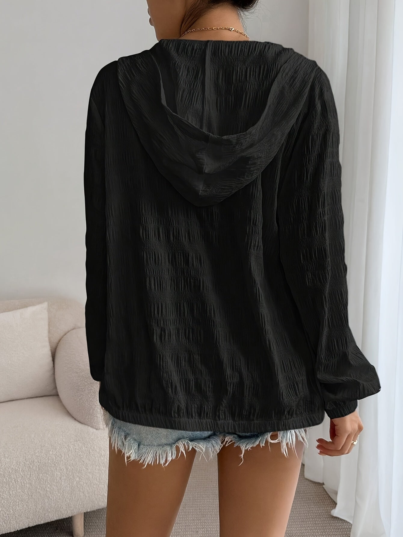 Women'S Elegant Zipper Hooded Jacket - Long Sleeve, Solid Black, Casual Chic Style for Spring\u002FFall, Lightweight & Stylish Outerwear, Casual Chic Jacket | Zipper Closure | Lightweight Jacket
