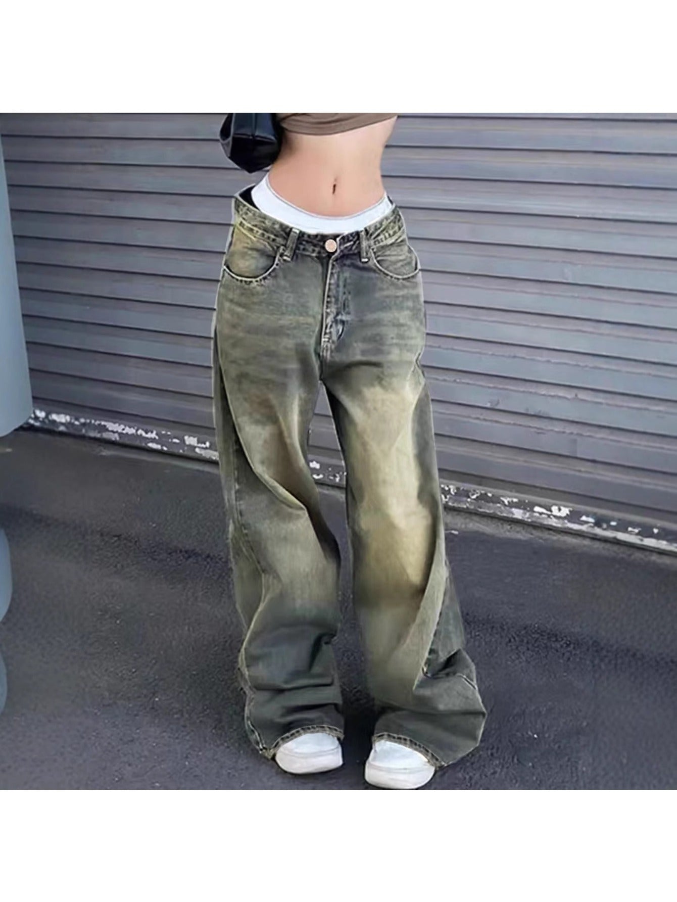 New Street Style Wide Leg Jeans Distressed Wash