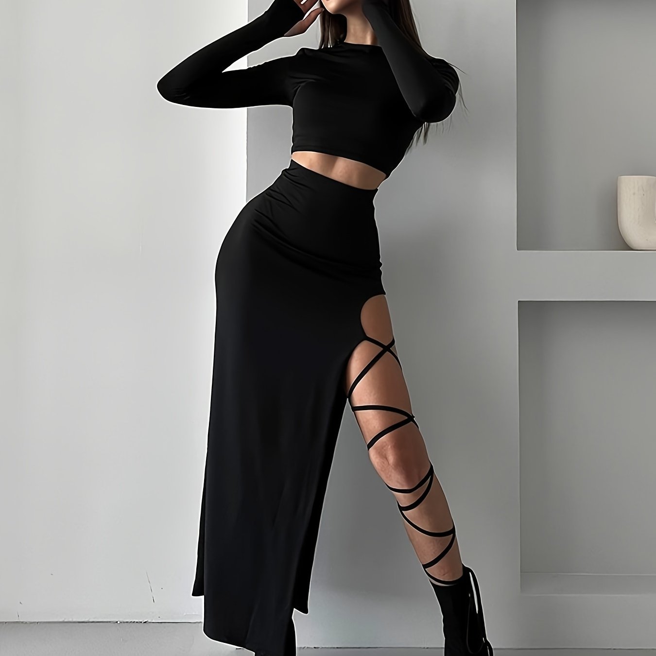 Long Sleeve Round Neck Lace-up Half Skirt Suit