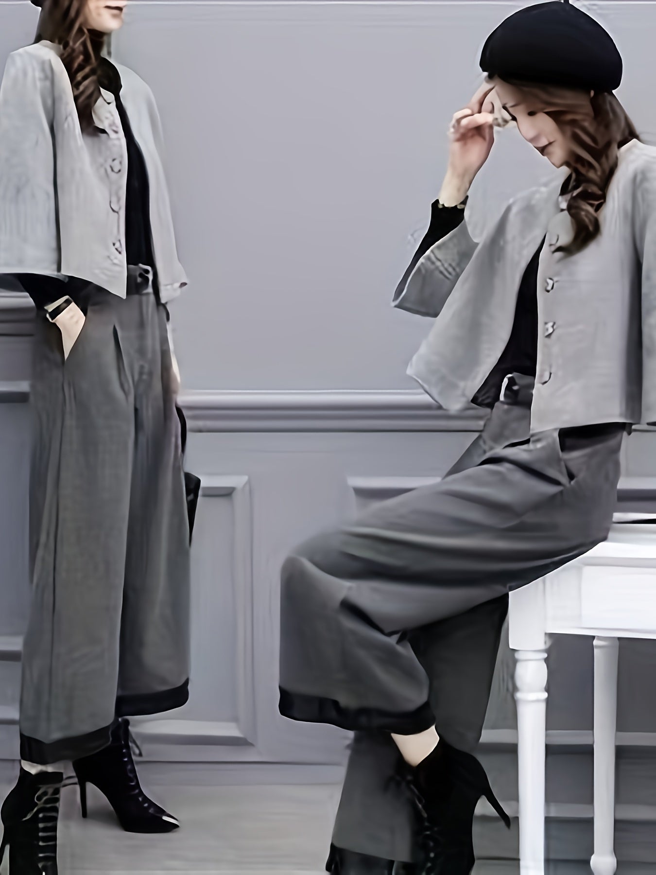 Elegant Socialite New Spring and Autumn Two-Piece Set Fleece Coat Internet Celebrity Fashion Wide-Leg Pants Suit