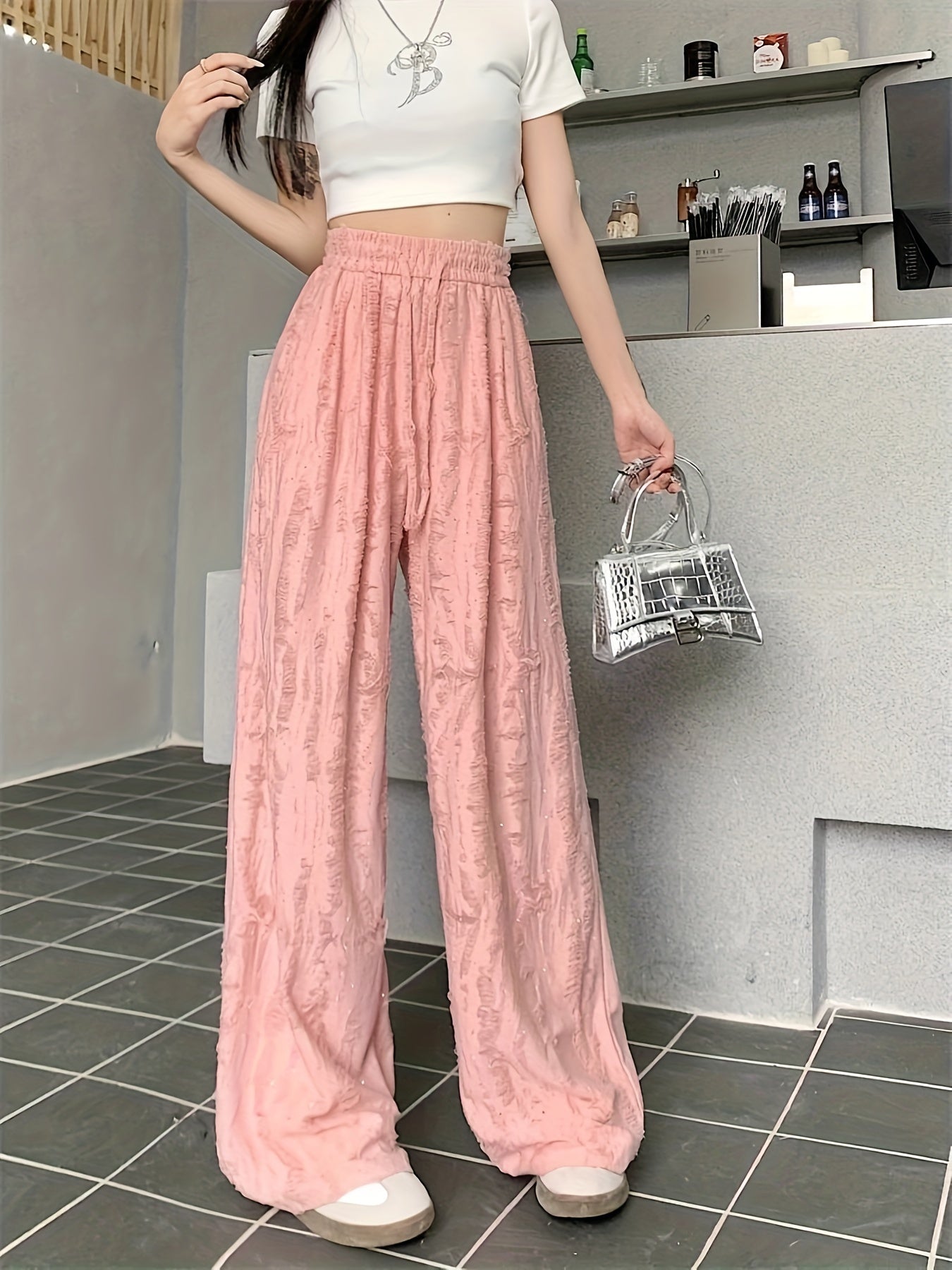 Solid Wide Leg Wide Leg Pants, Casual Ripped Holes Tied Elastic Waist Comfy Pants For Summer & Fall, Women's Clothing