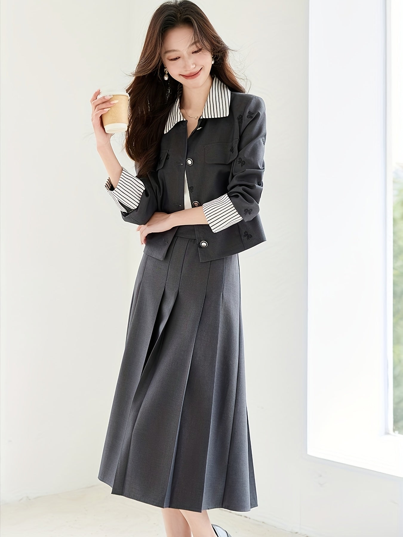 Elegant French-Inspired Butterfly Print Women'S Suit - Chic Black & White Striped Short Jacket with Embroidered Detail, Matching Midi Skirt Set for Spring\u002FFall, Button-Up, Non-Stretch Fabric