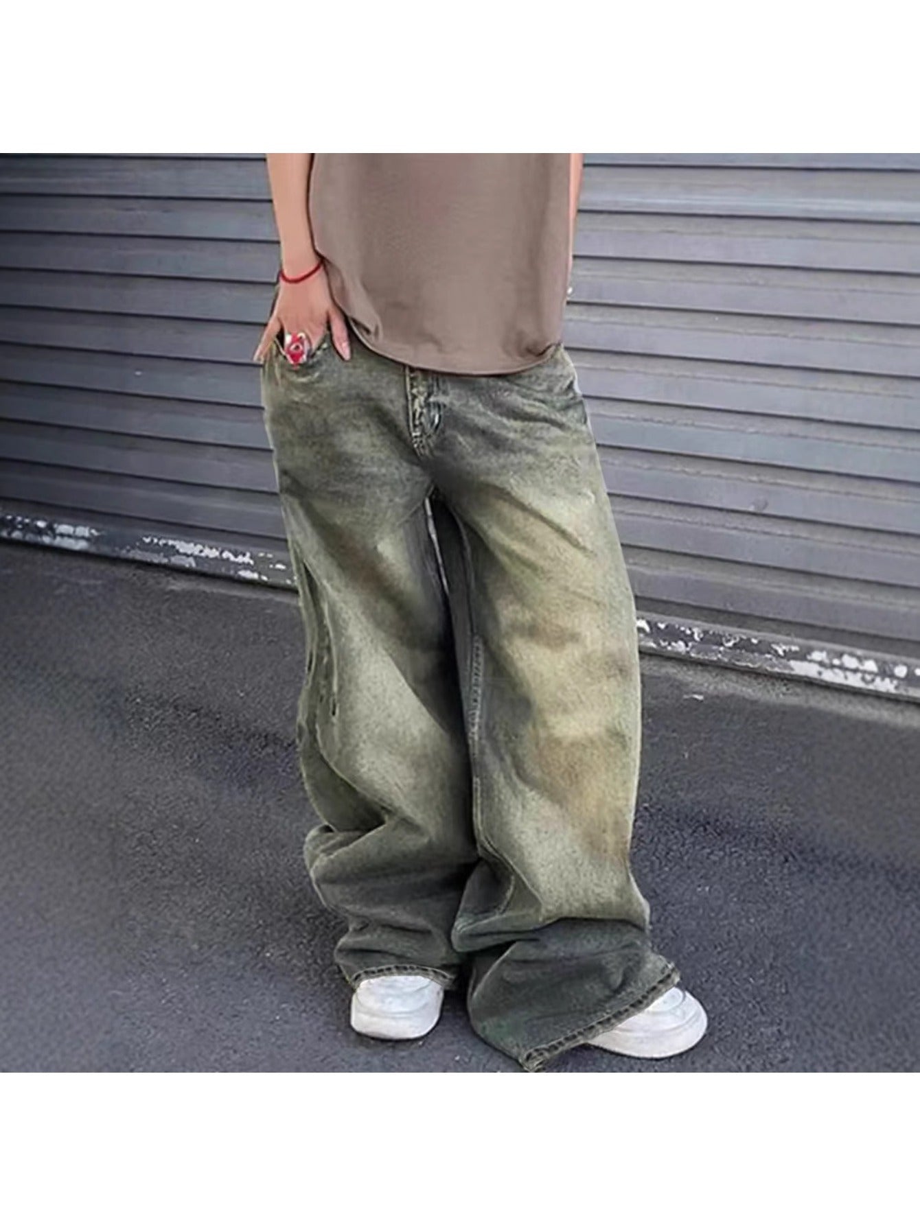 New Street Style Wide Leg Jeans Distressed Wash