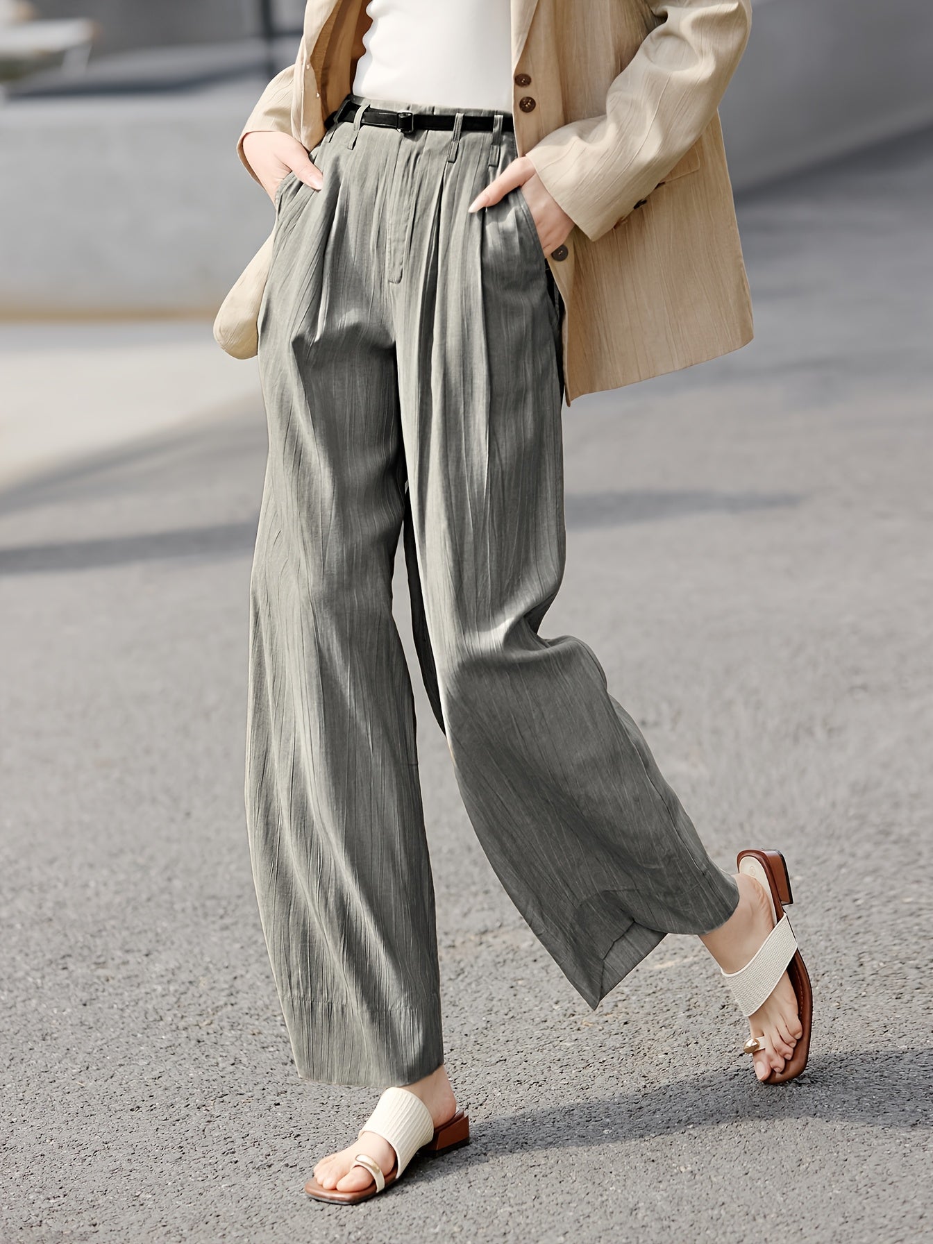 Elegant Wide-Leg Pants XWI Women's High-Waisted Wide-Leg Pants - Non-Stretchy Structured Trousers, Elegant Office to Party Outfits, Lightweight Fabric, Spring\u002FSummer Everyday Pants, Formal & Casual, Solid Color Design, Outdoor Leisurewear